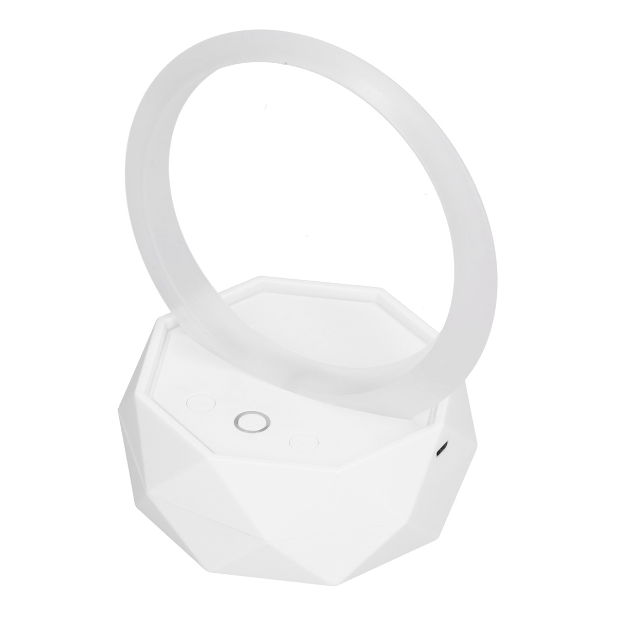Eine weiße, geometrische Lampe mit einem Ring. Sie hat einen weißen Sockel und ein klares, ringförmiges Licht.