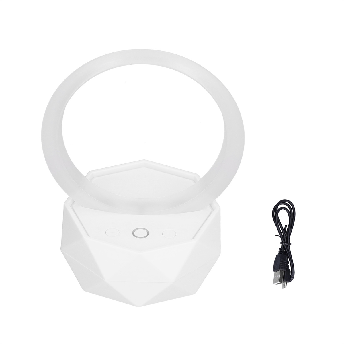 Ein weißes Ringlicht mit weißer Basis und einem USB-Kabel.