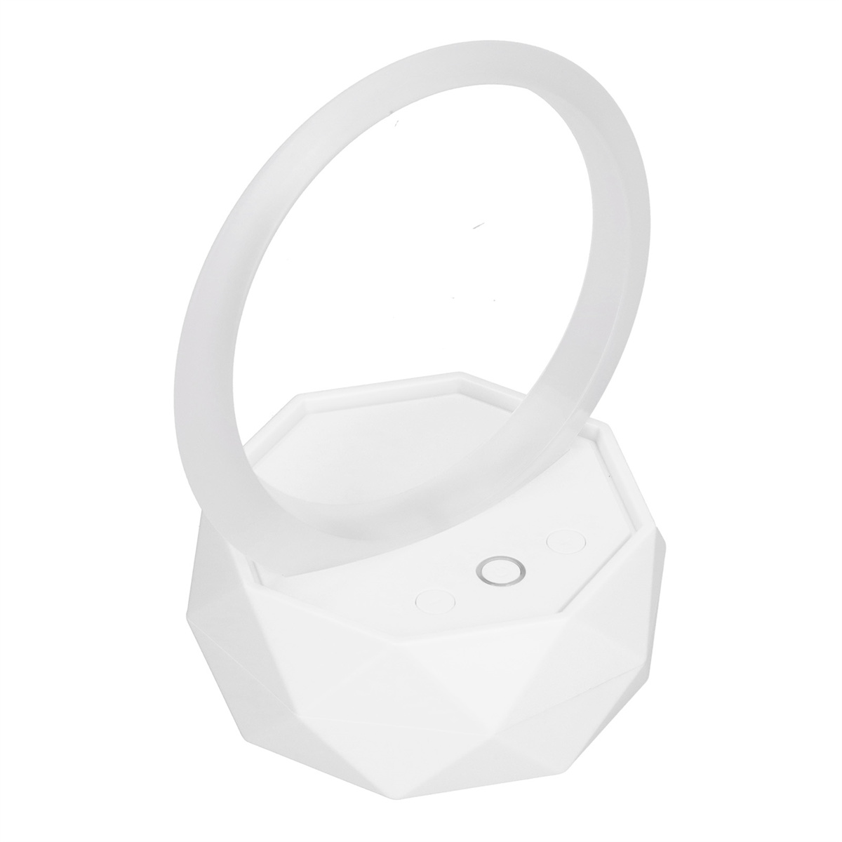 Eine weiße Lampe mit ringförmigem Licht über einem sechseckigen Sockel.