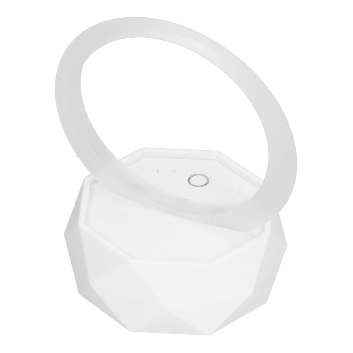 Eine weiße, geometrisch geformte Lampe mit Ringlicht. Das Design ist minimalistisch und modern.