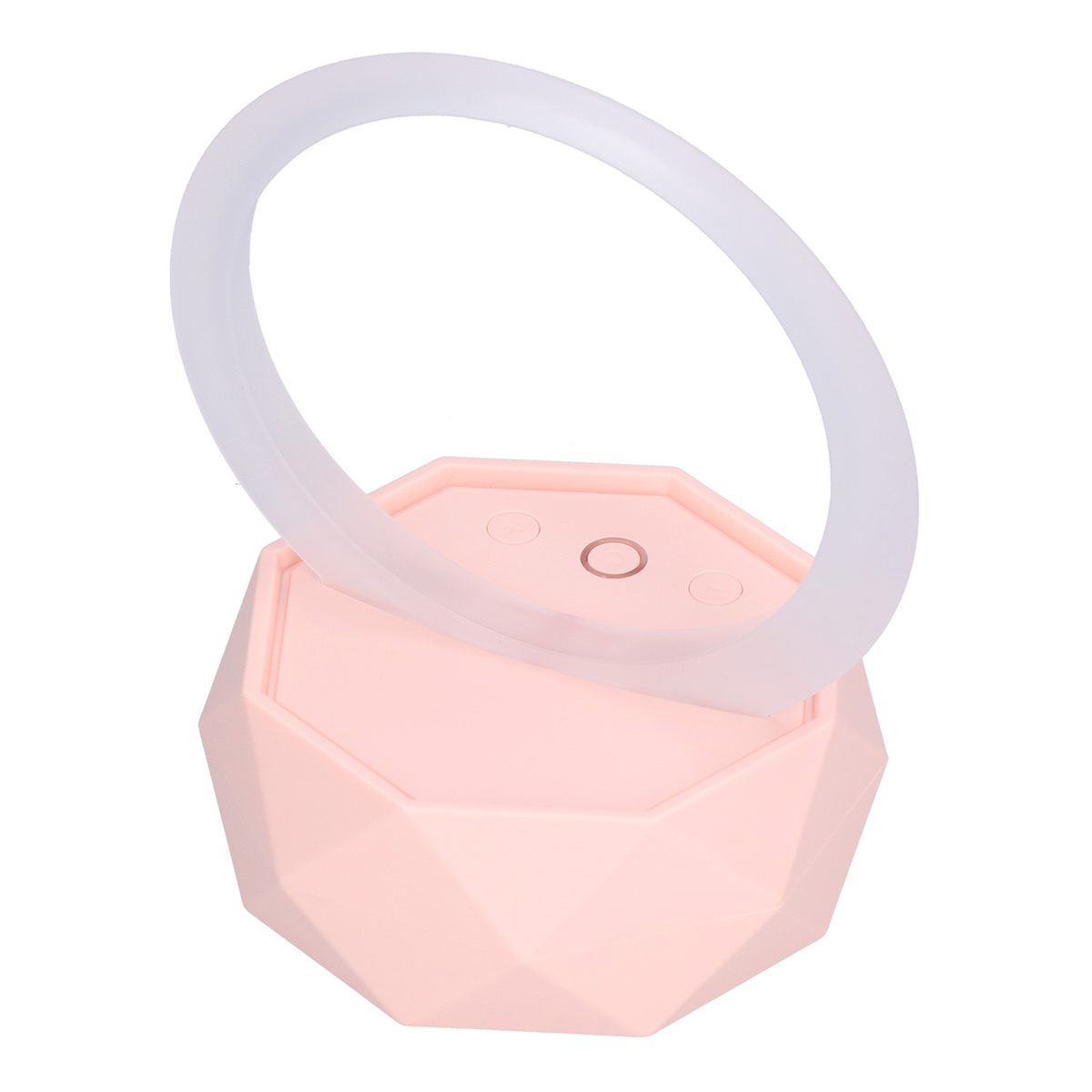 Rosa Lampe mit kreisförmigem Licht oben, auf weißem Hintergrund.