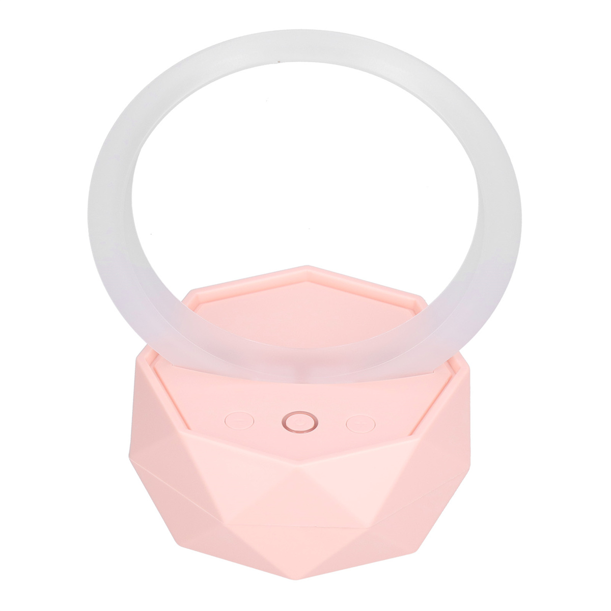 Rosa-weißes LED-Nachtlicht mit Ringlicht-Design und geometrischem Sockel.
