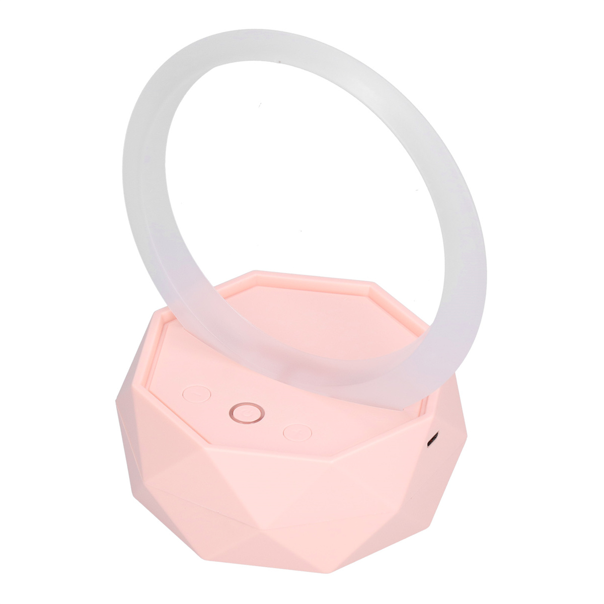 Eine rosa geometrische Lampe mit einem kreisförmigen Licht oben drauf.