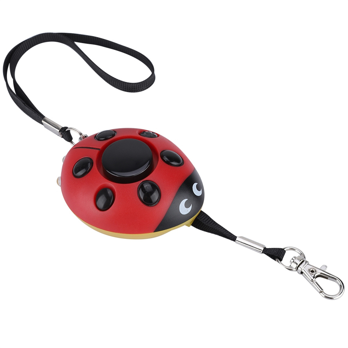 Roter marienkäferförmiger persönlicher Alarm mit schwarzem Band und Karabiner.