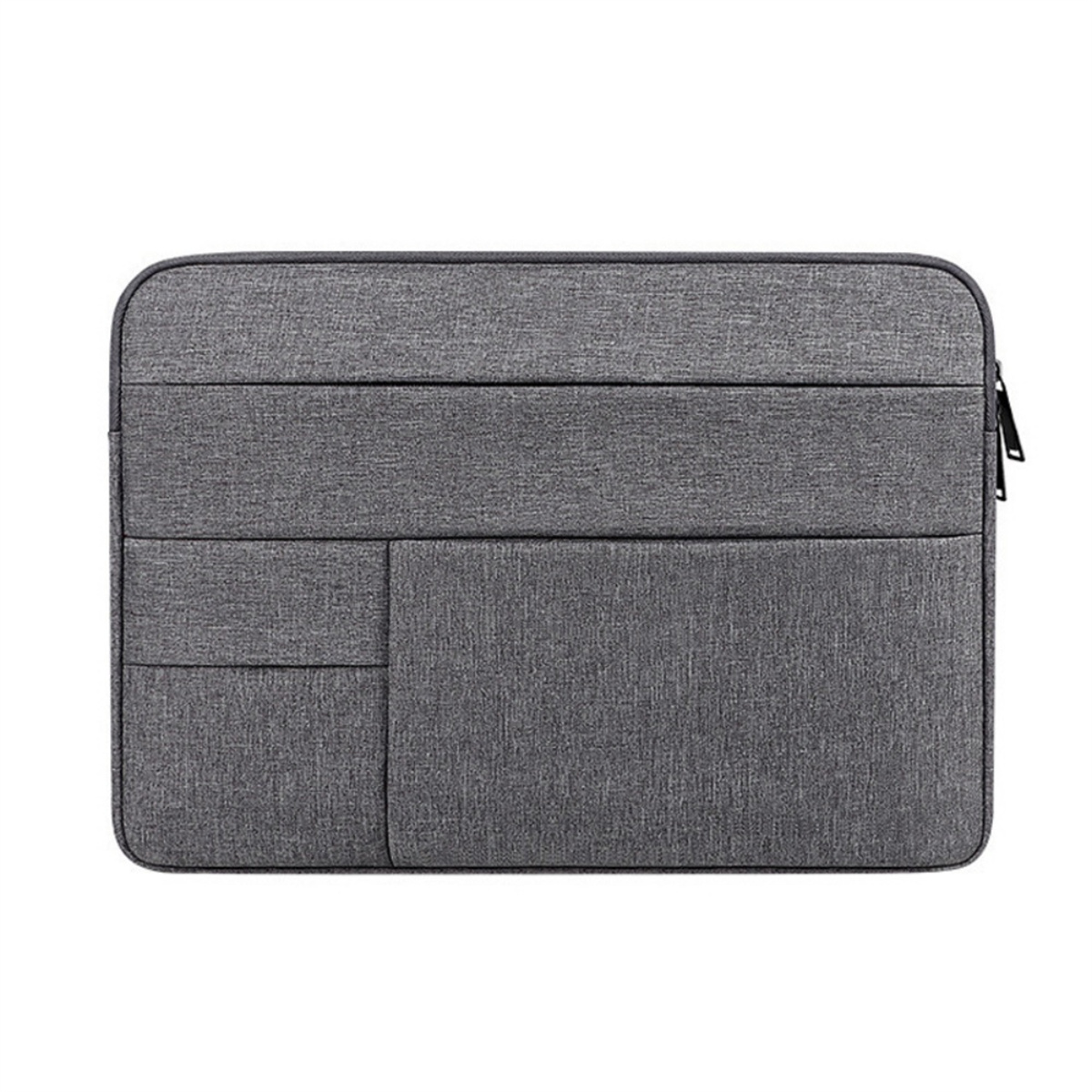 Eine graue Laptoptasche mit drei Taschen und einem Reißverschluss.