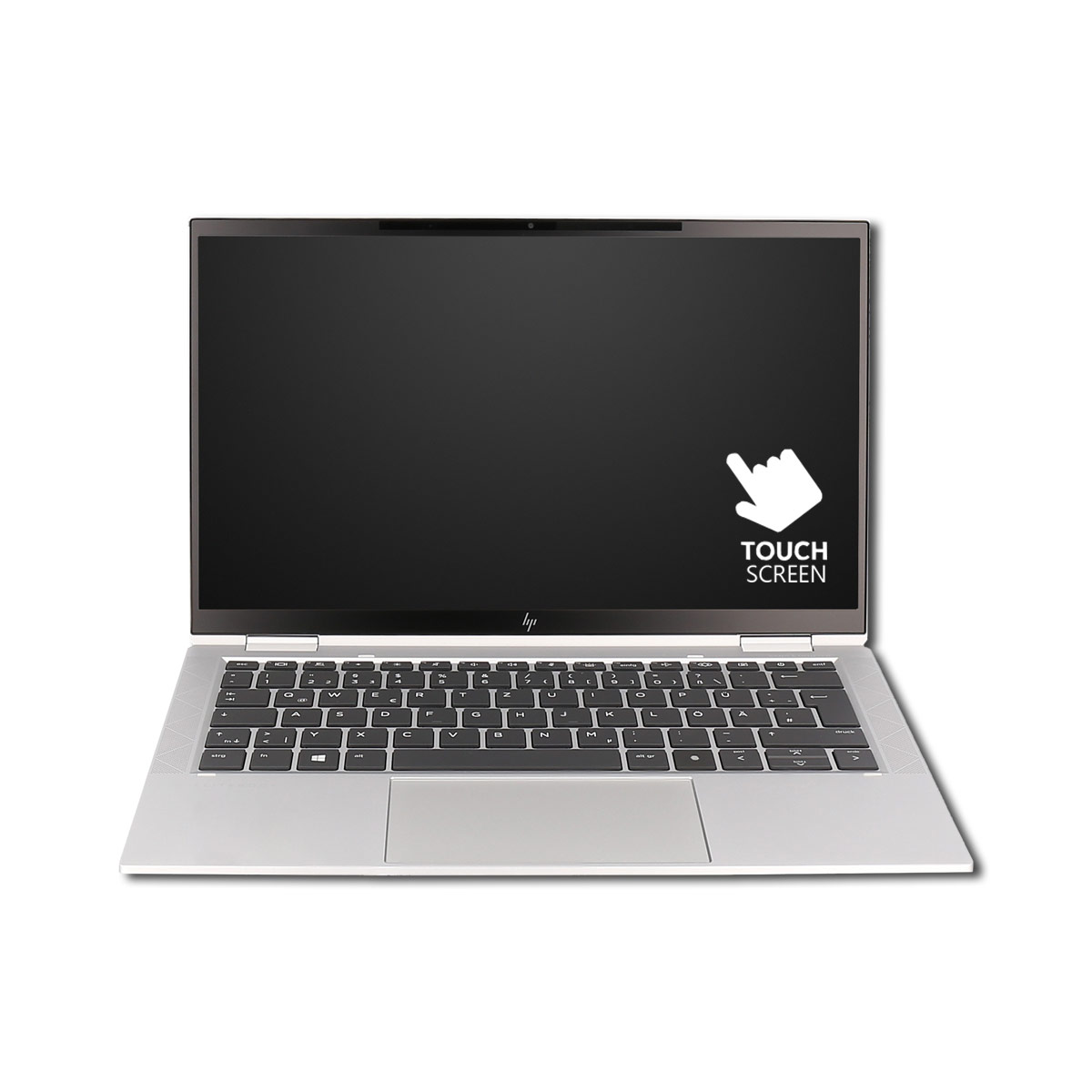 Laptop mit Touchscreen. Weißer Bildschirm mit Touchscreen-Grafik.