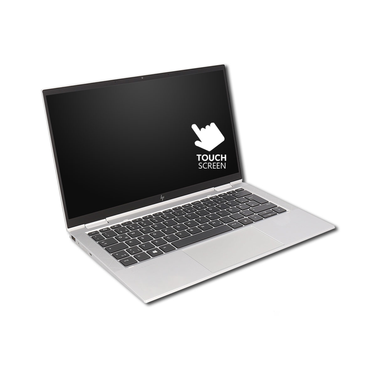 Silberner Laptop mit Touchscreen-Funktion, schwarzer Tastatur und Touchscreen-Logo auf Weiß.