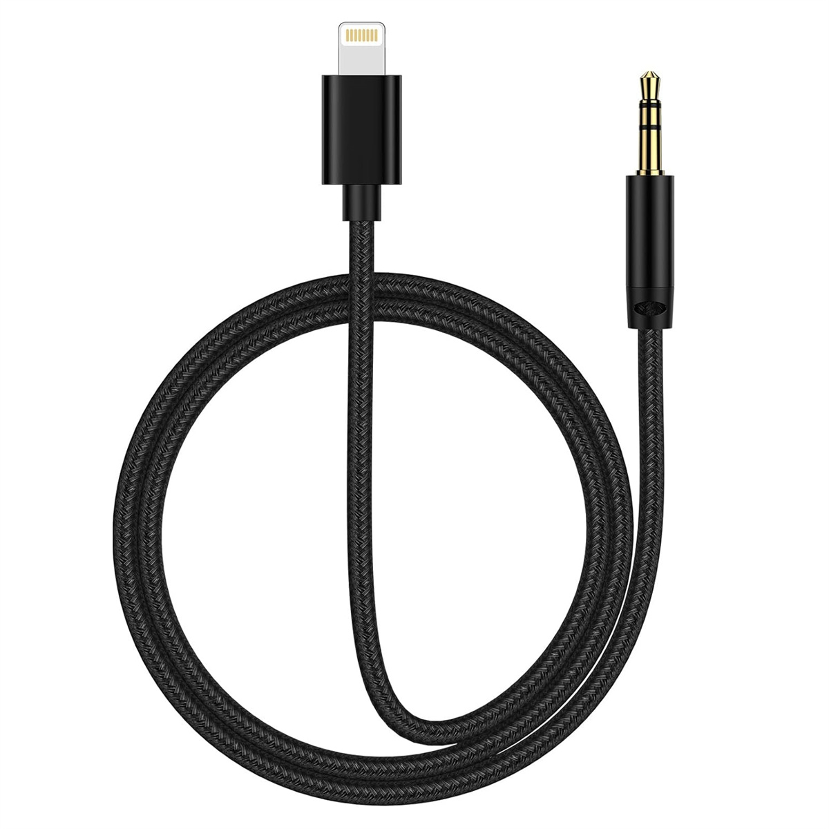 Ein schwarzes Audiokabel mit 3,5-mm-Klinke und Lightning-Anschluss.