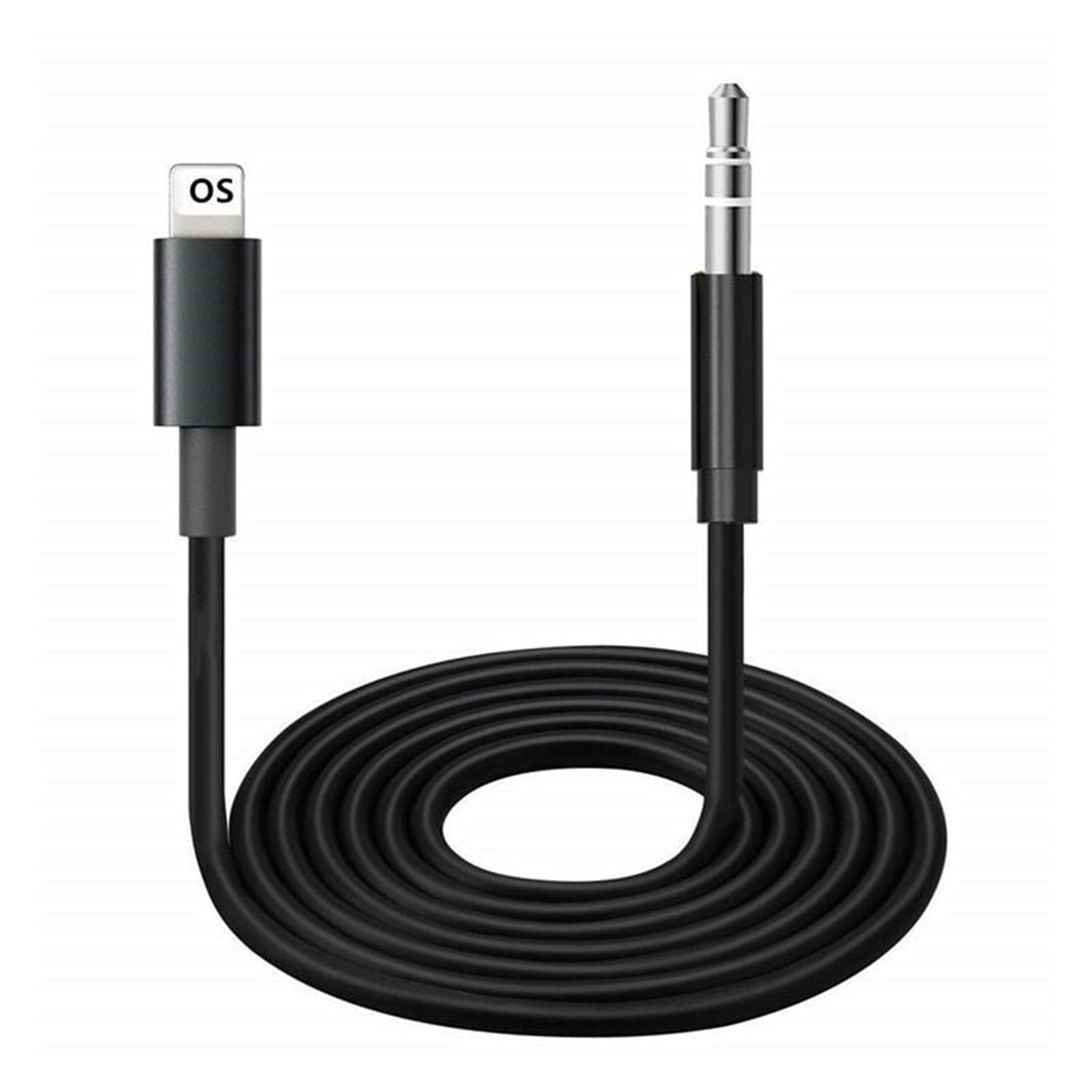Schwarzes Audiokabel mit Lightning-Anschluss und 3,5-mm-Klinke.