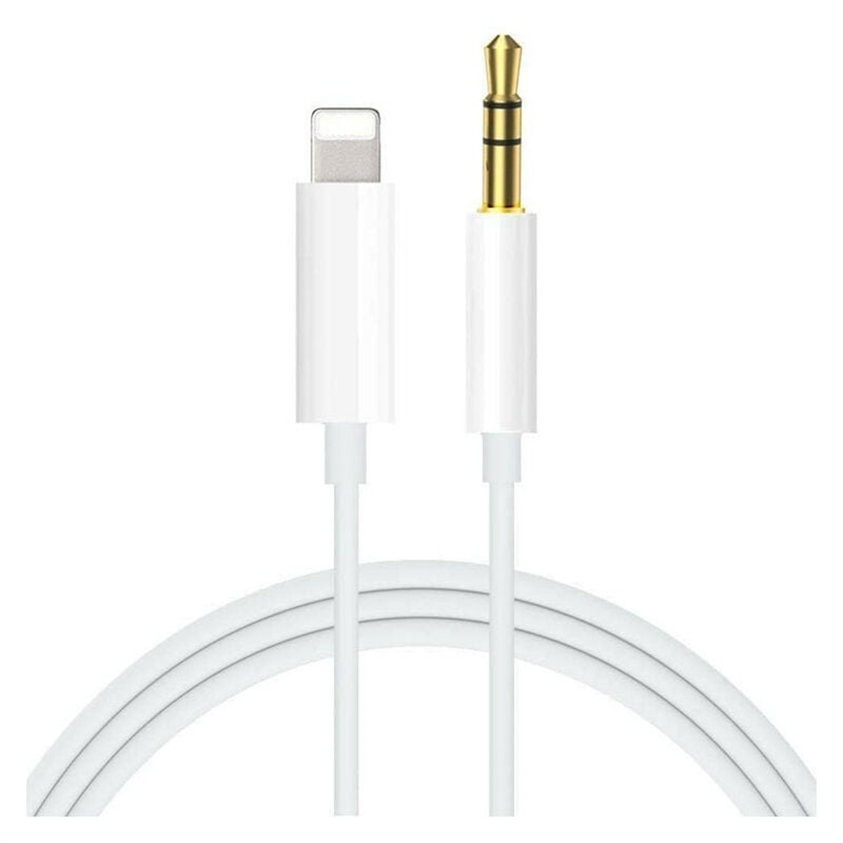 Ein weißes Kabel mit einem Lightning-Anschluss an einem Ende und einer 3,5-mm-Audiobuchse am anderen.