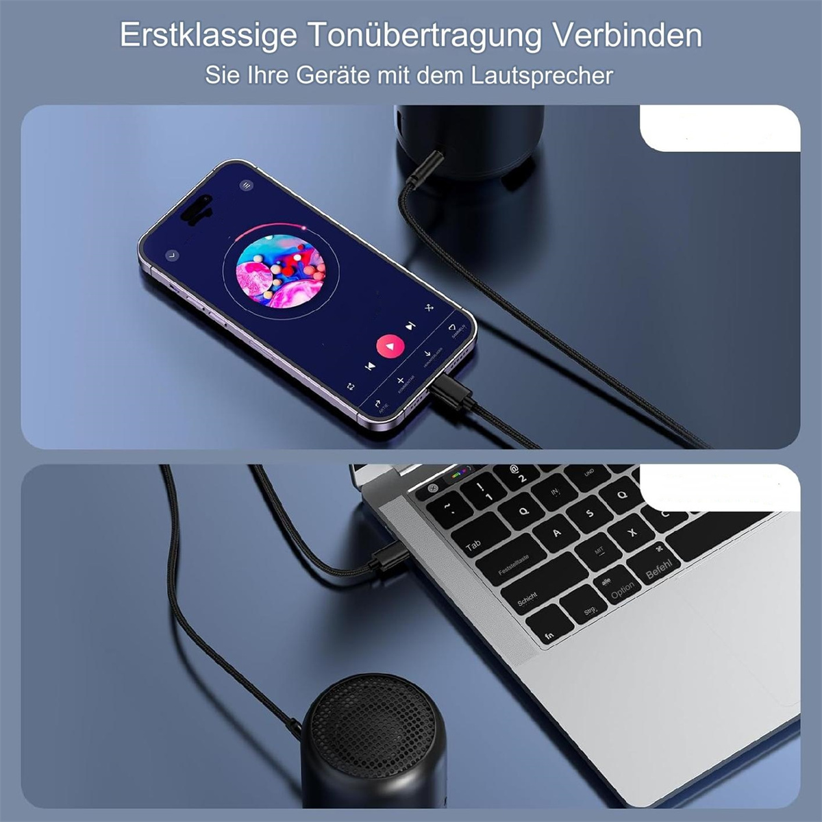 Ein Telefon und ein Laptop, die mit einem Lautsprecher verbunden sind, Nahaufnahme des Lautsprechers.