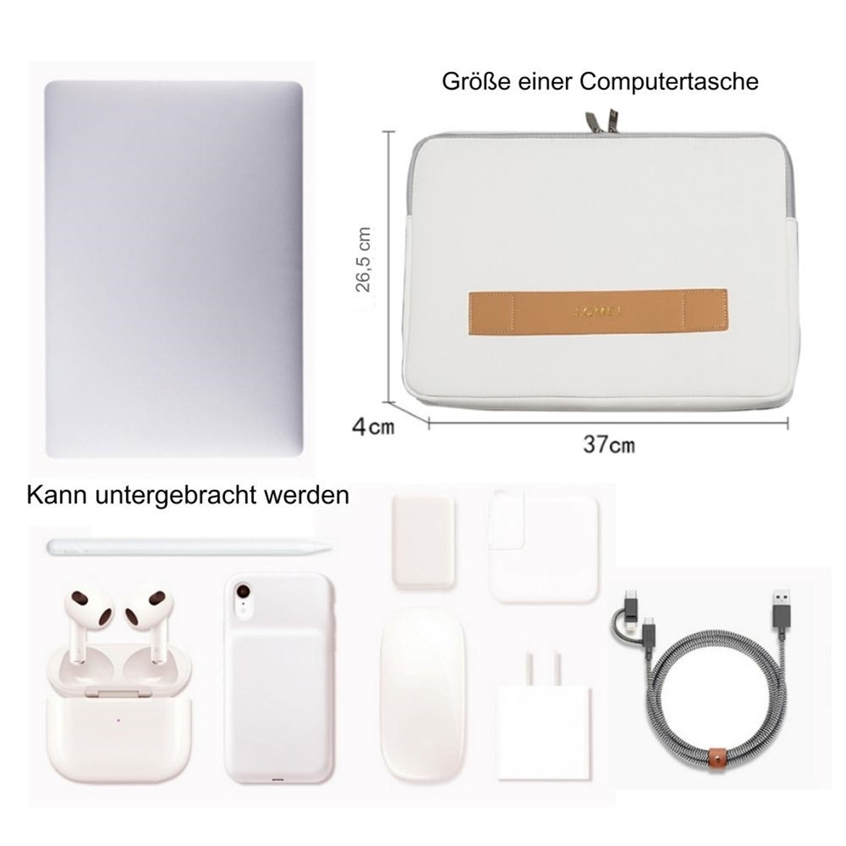 Ein Laptop, eine Tasche und Zubehör. Die Tasche misst 37x26,5x4 cm. Artikel sind AirPods und Ladegeräte.