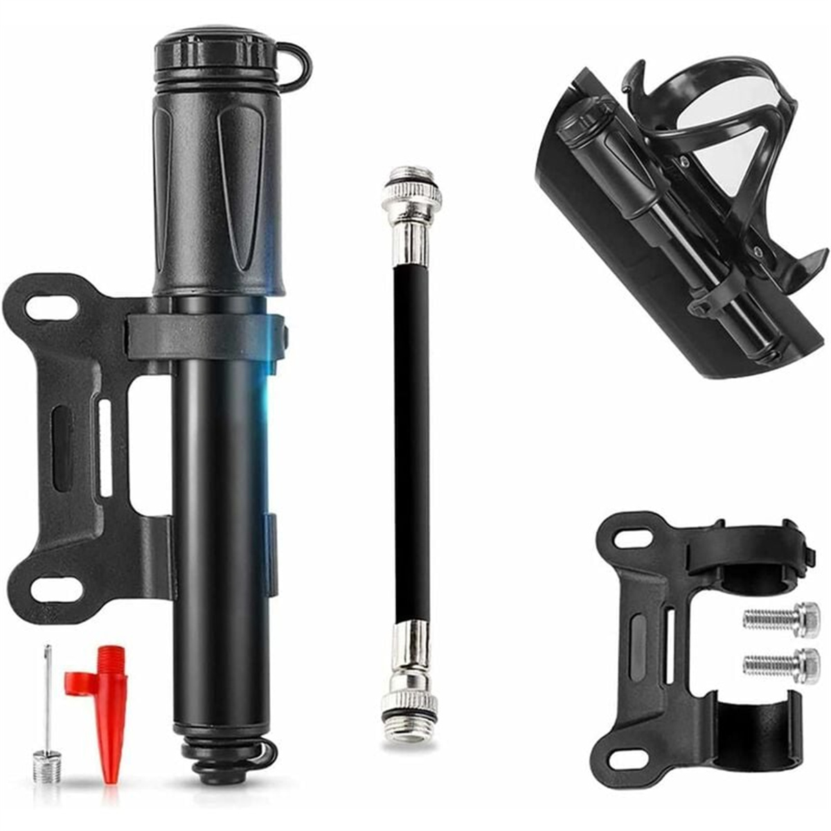 Eine schwarze Fahrradpumpe mit Zubehör, darunter ein Schlauch, eine Düse und eine Halterung. Weißer Hintergrund.