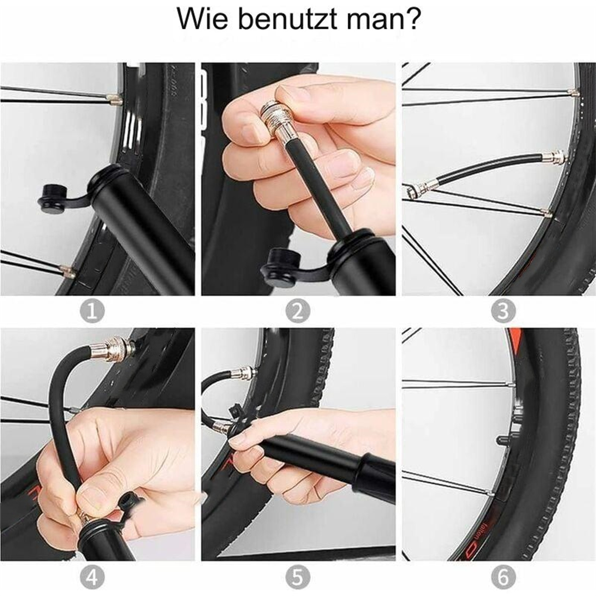 Eine Sequenz von sechs Bildern, die zeigen, wie man einen Fahrradreifen mit einer Pumpe aufpumpt.