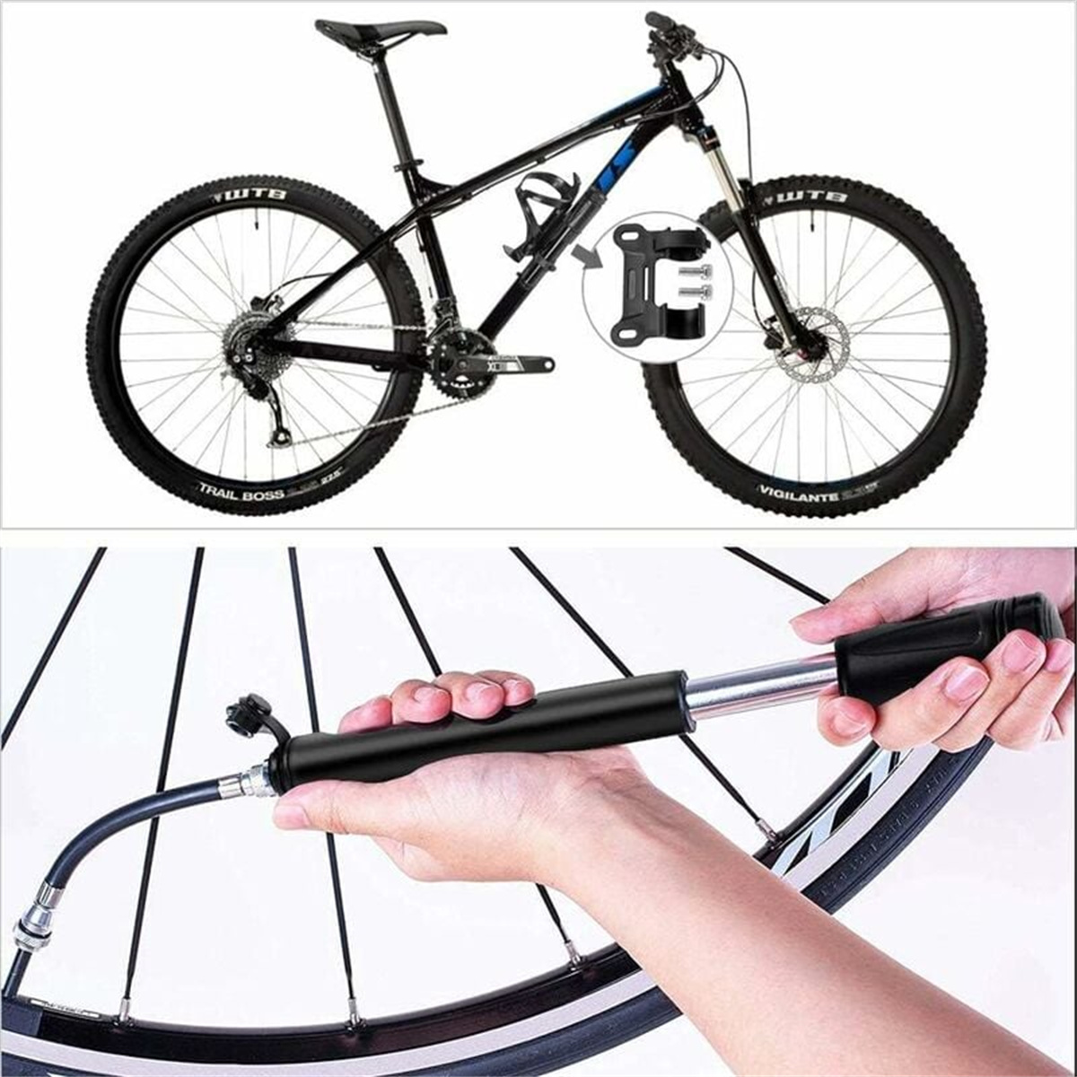Ein schwarzes Mountainbike und eine Person, die einen Reifen mit einer Handpumpe aufpumpt.