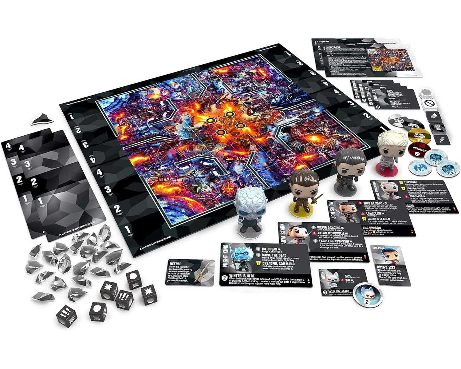 Game of Thrones Brettspiel mit Figuren, Karten und Würfeln.