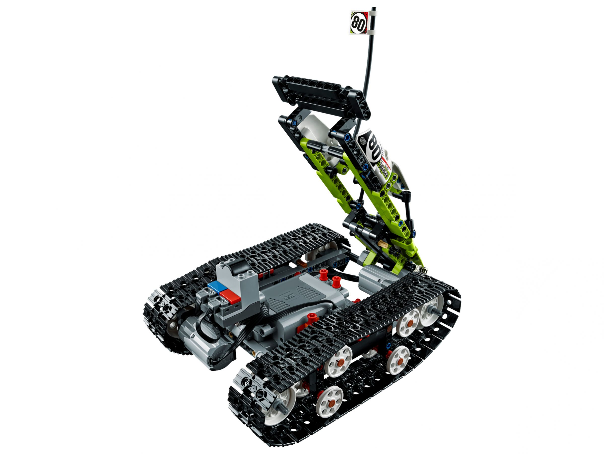 Pojazd gąsienicowy Lego Technic, z podniesioną sekcją pokazującą numer 80 i flagę.