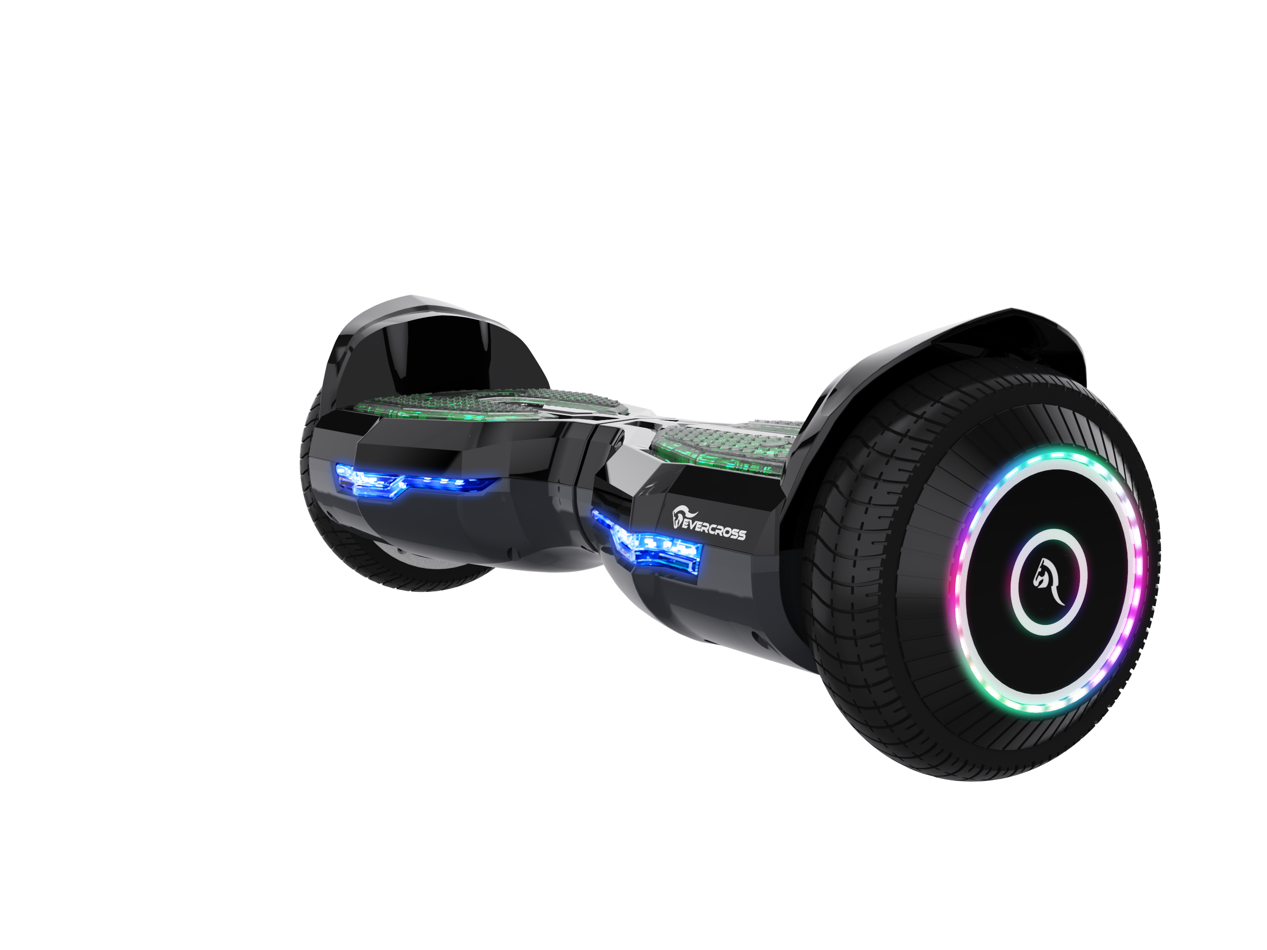 Hoverboard nero con luci blu e verdi, e luce ruota multicolore.