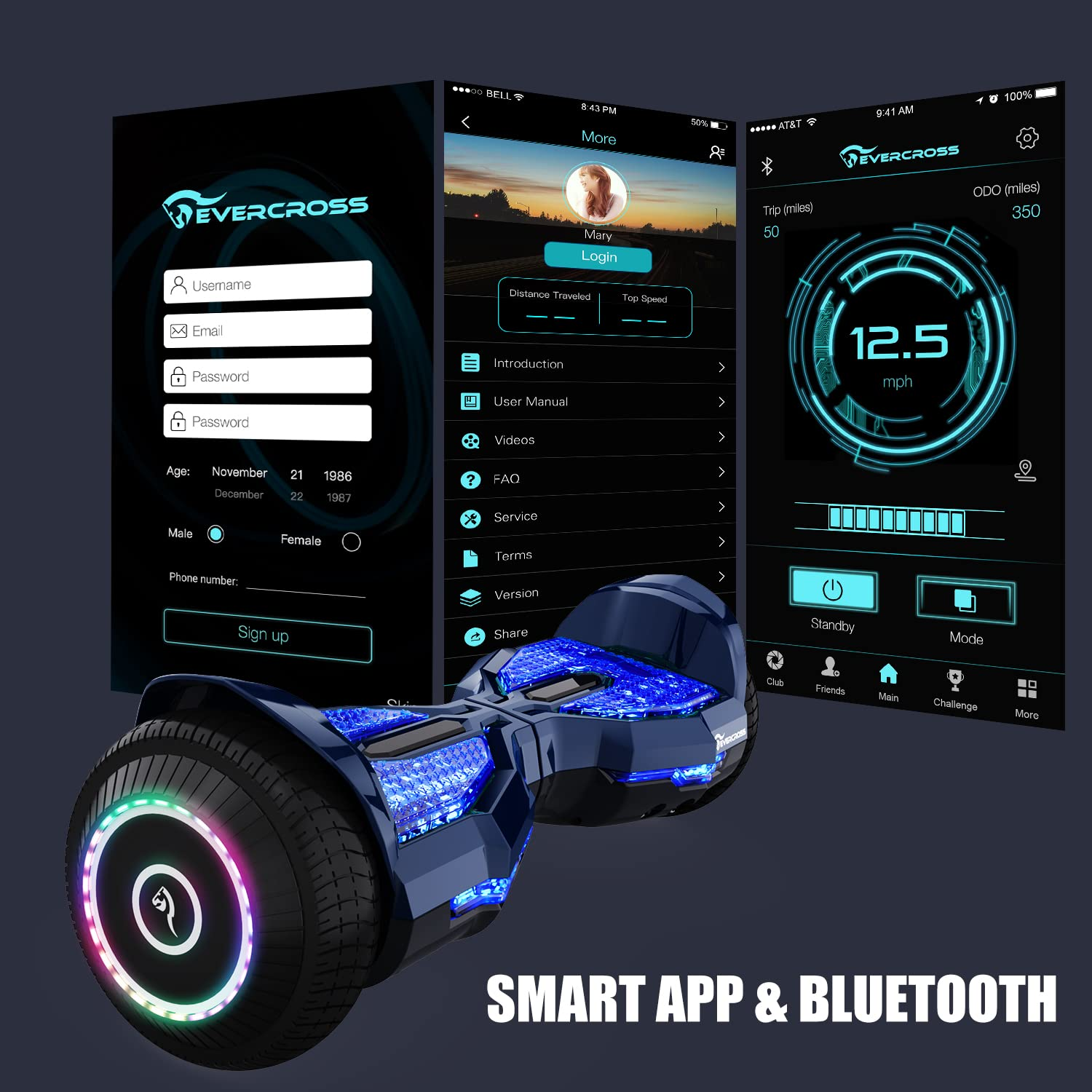Interfaccia dell'app smart su un hoverboard, con più schermate visibili.