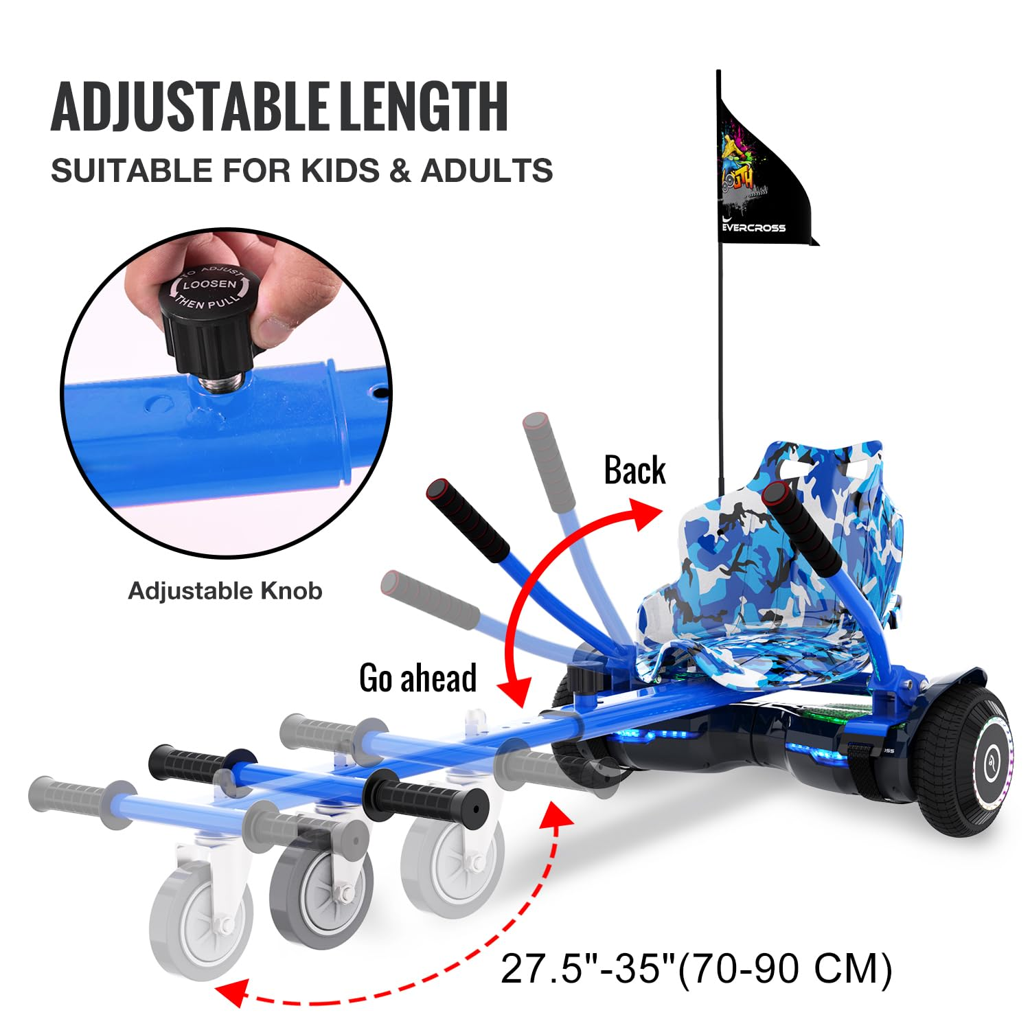 Un hoverboard con sedile e bandiera. Lunghezza regolabile e manopola sono mostrate.