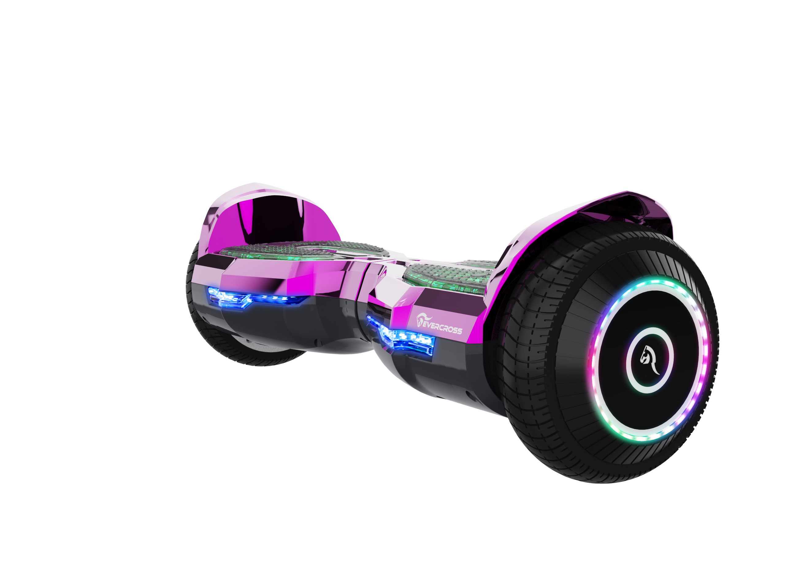 Un hoverboard rosa e nero con luci blu, isolato su sfondo nero.