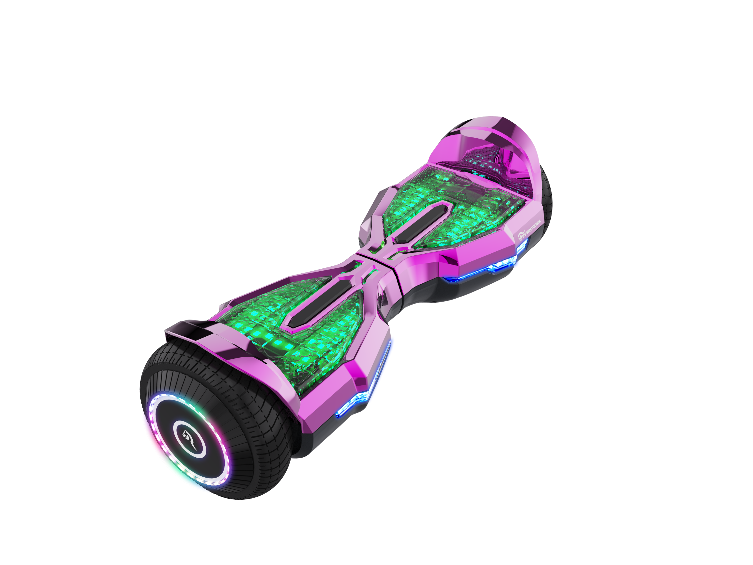 Hoverboard rosa con luci verdi brillanti e ruote nere. Sfondo nero.