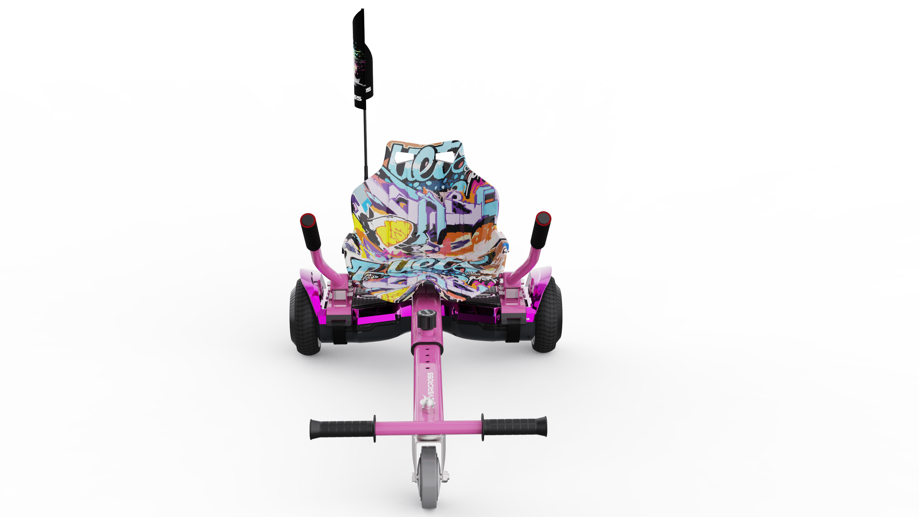 Pinkes und weißes Go-Kart mit Graffiti-Design, schwarzen Rädern und einem Lenker.