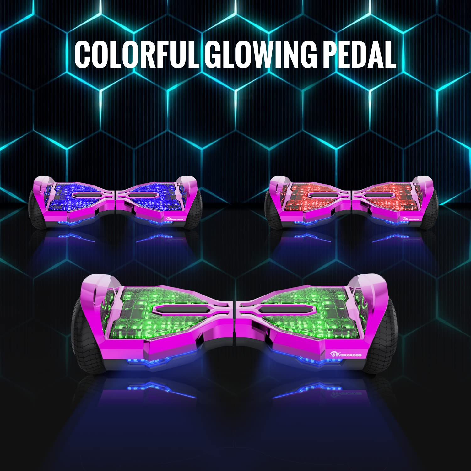 Tre hoverboard rosa con pedali luminosi colorati su sfondo esagonale blu e nero.