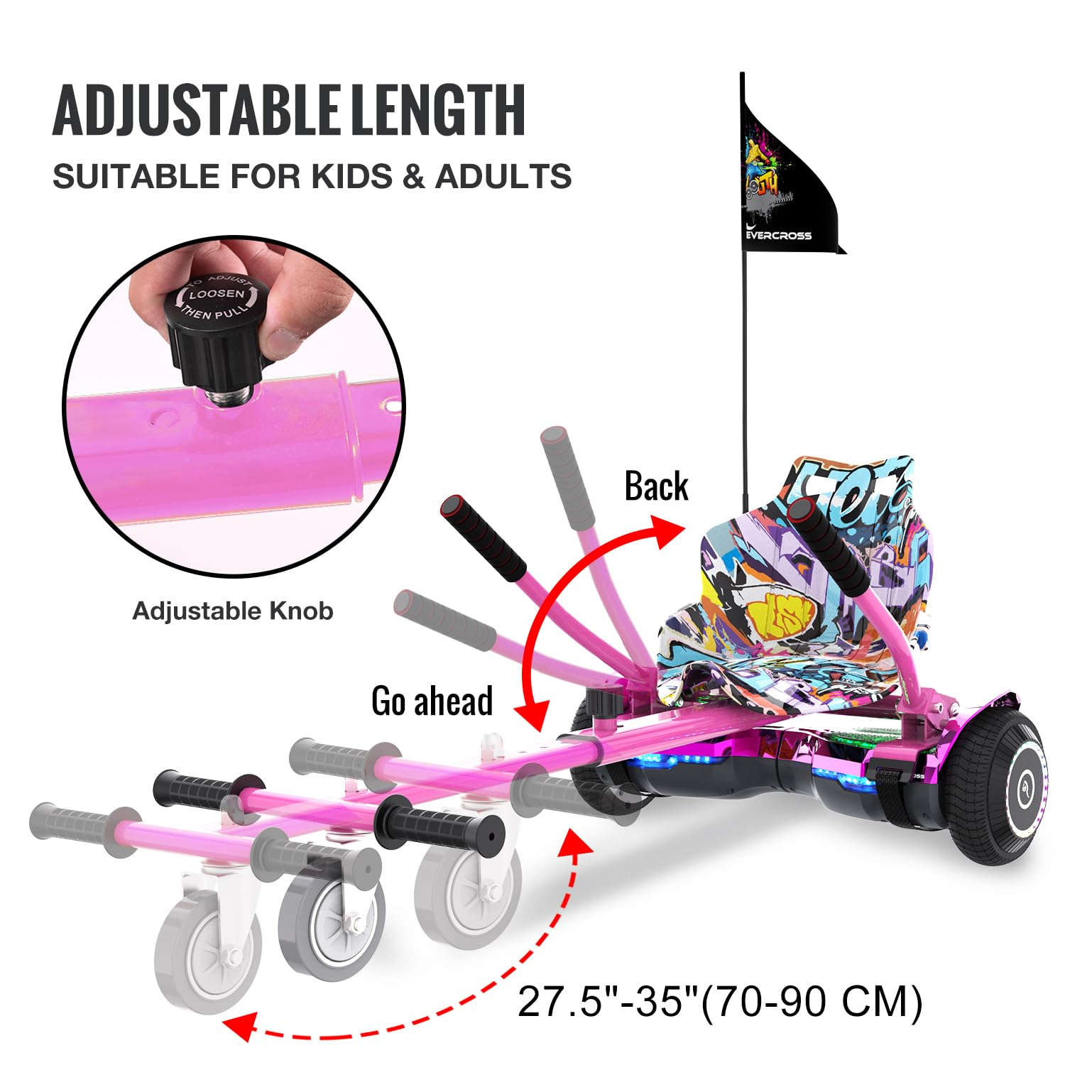 Hoverboard rosa con lunghezza regolabile, frecce avanti e indietro.