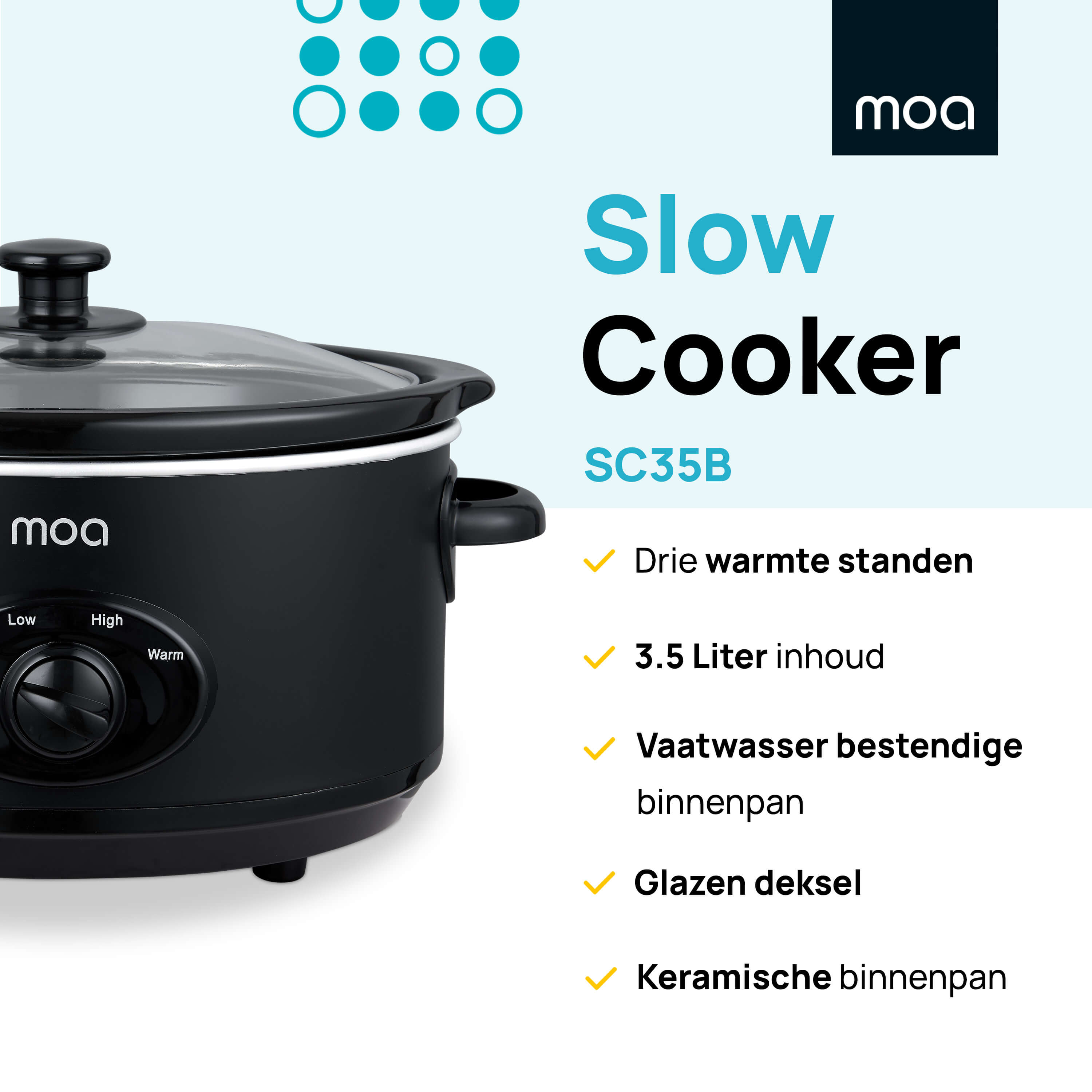 Zwarte slowcooker met glazen deksel. Tekst toont: Slowcooker, 3 warmtestanden, 3.5L, keramische pan.