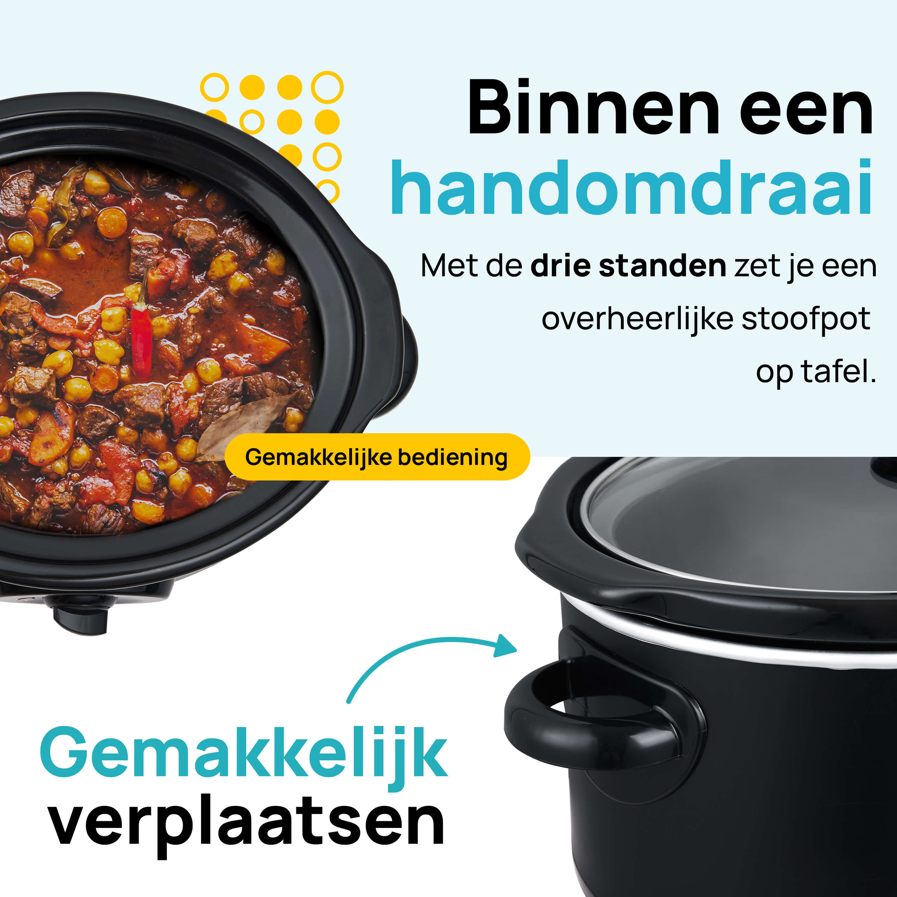 Close-up van een slowcooker met tekst. Tekst: 'Gemakkelijk koken'.