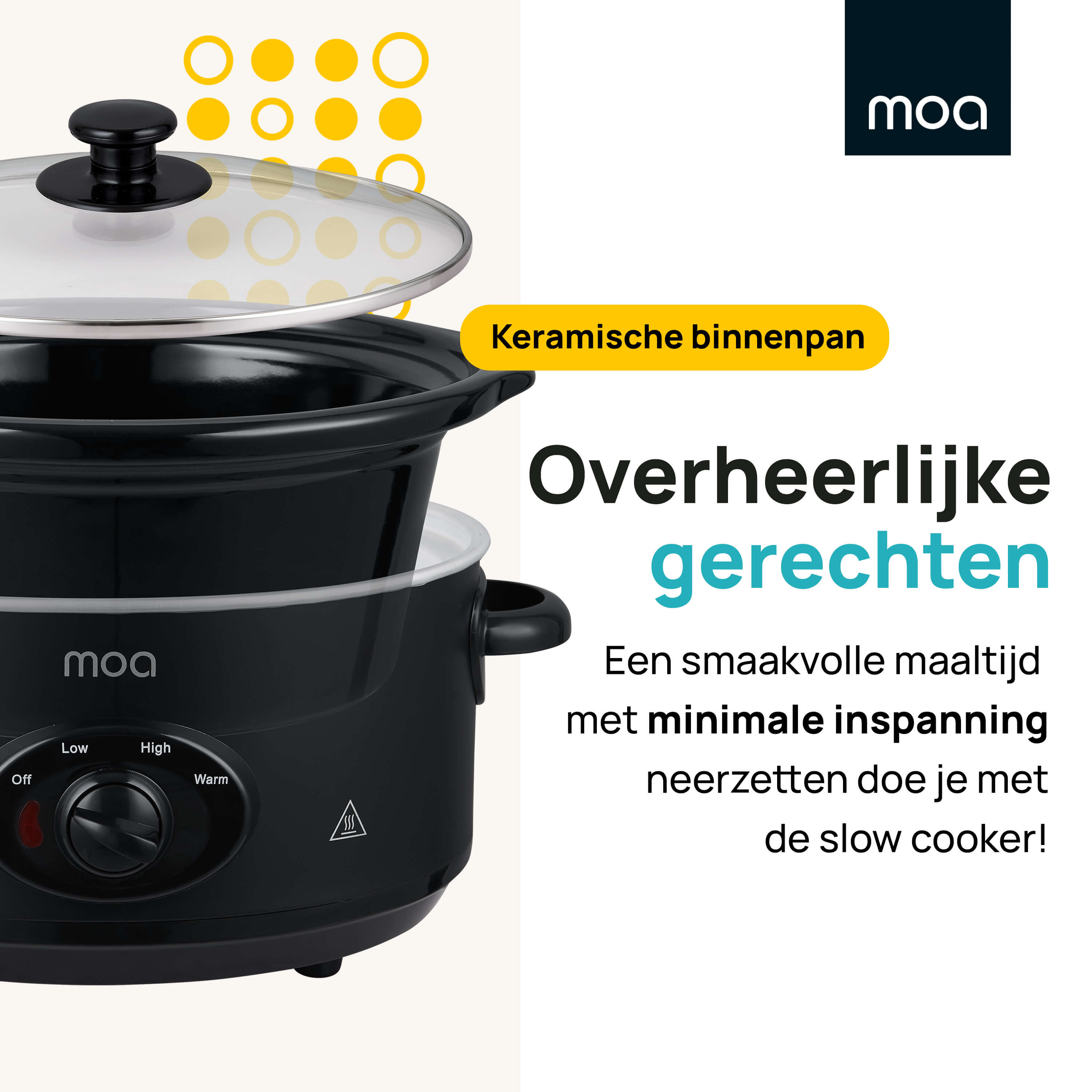 Zwarte slowcooker met een glazen deksel. Tekst zegt 'Overheerlijke gerechten' en 'Keramische binnenpan'.