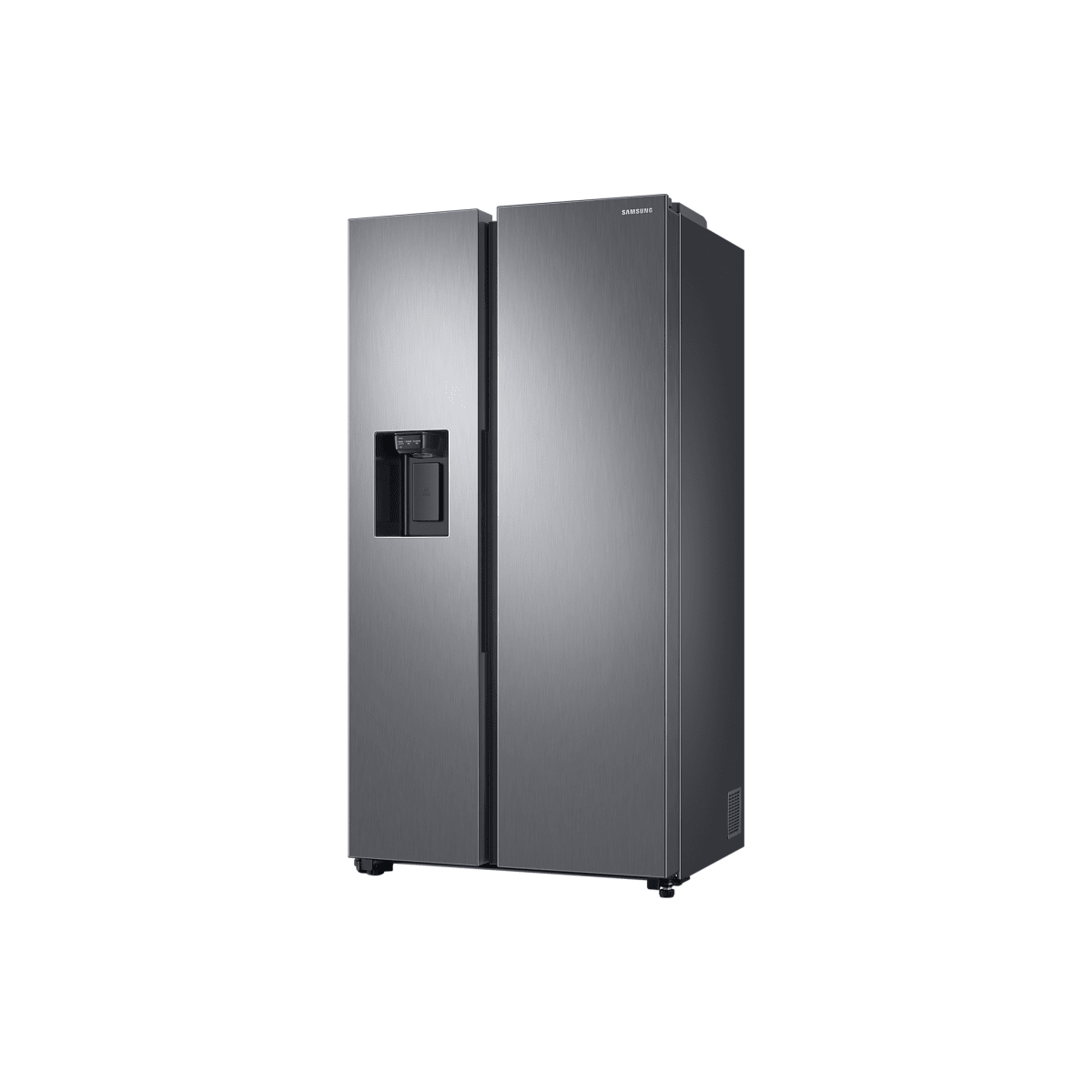 Un frigorifero Samsung in acciaio inox con due porte. Ha un dispenser d'acqua.