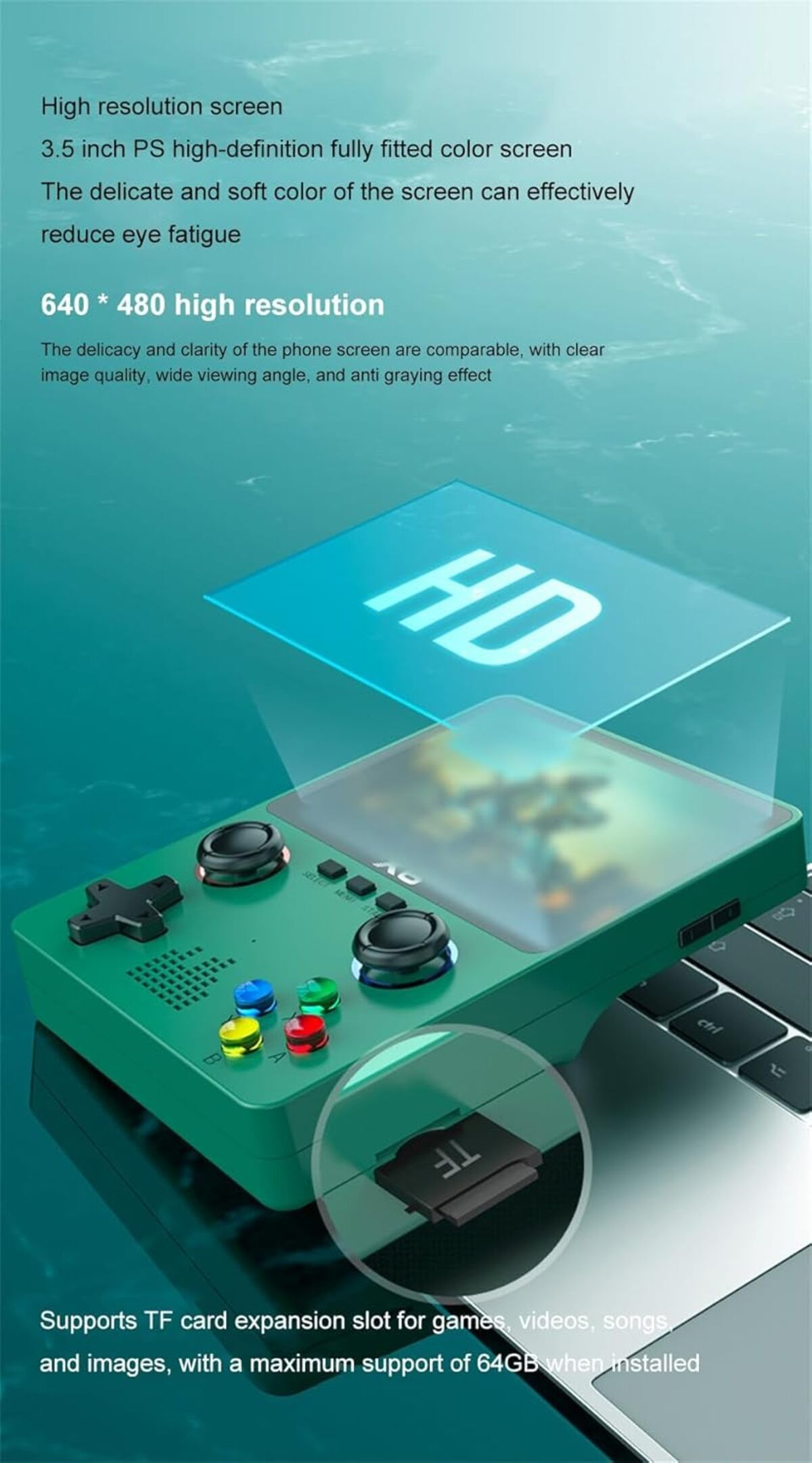 Consola de juegos portátil verde con botones y pantalla, con tarjeta TF.