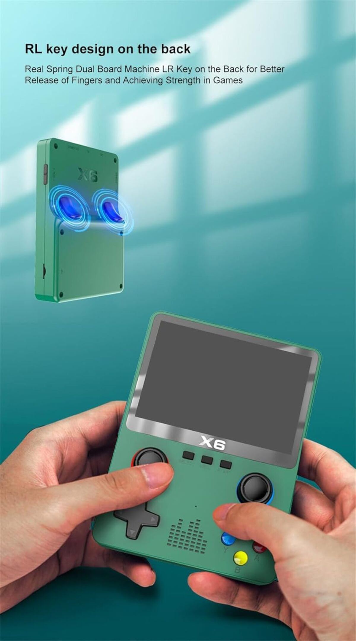 Un dispositivo de juego portátil verde, con pantalla y botones, sostenido en dos manos. Un segundo flota.