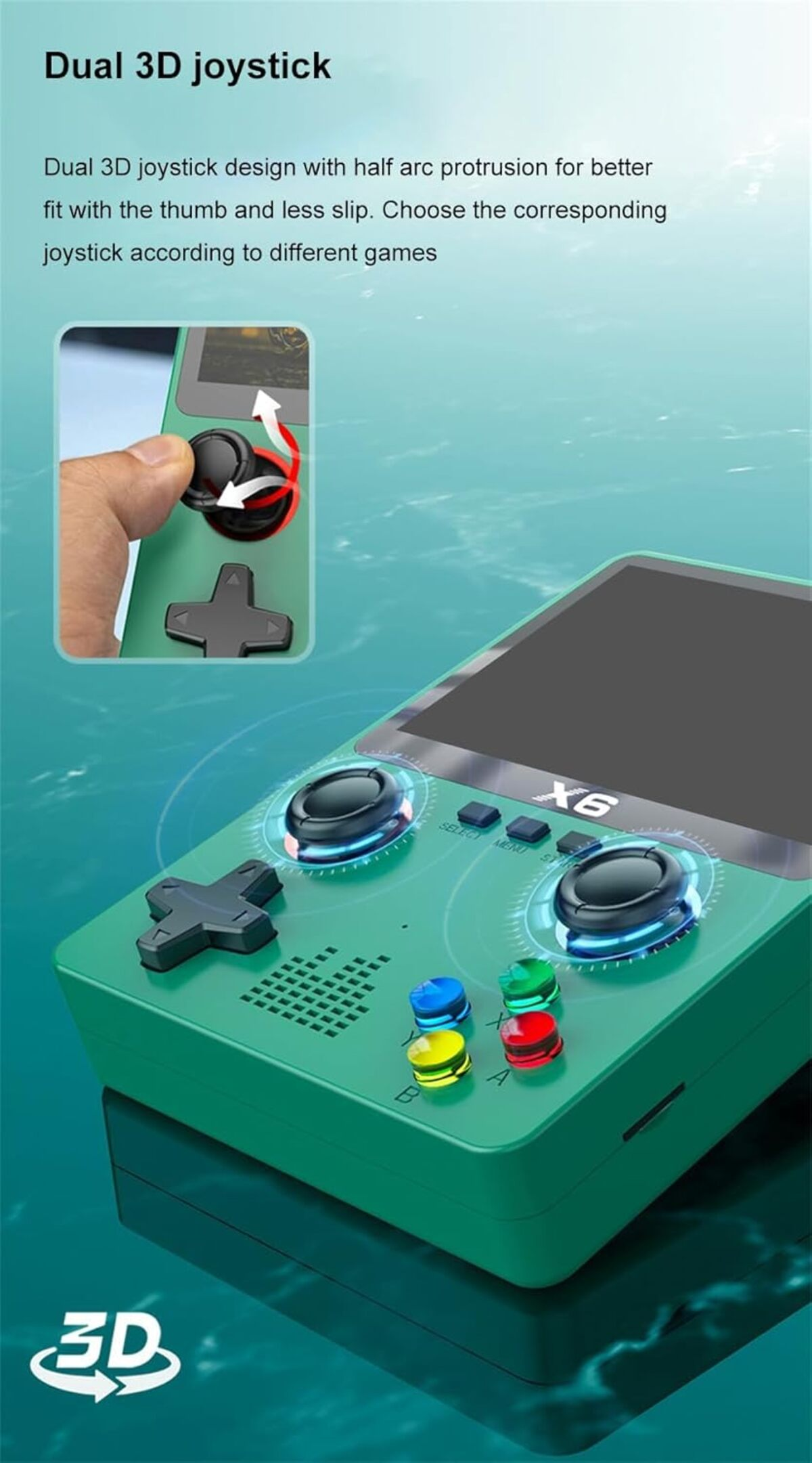 Consola de juegos portátil verde con joystick dual, botones y pantalla. Un dedo manipula el joystick.