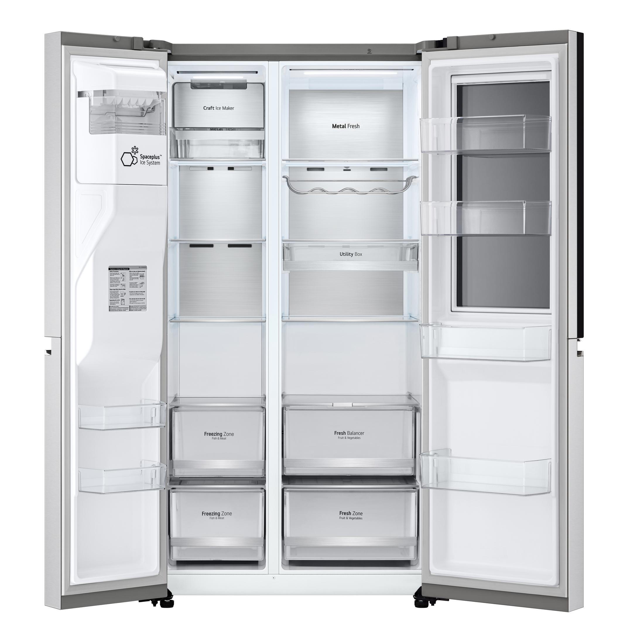 Offener Kühlschrank mit mehreren Regalen und Schubladen. Edelstahl.