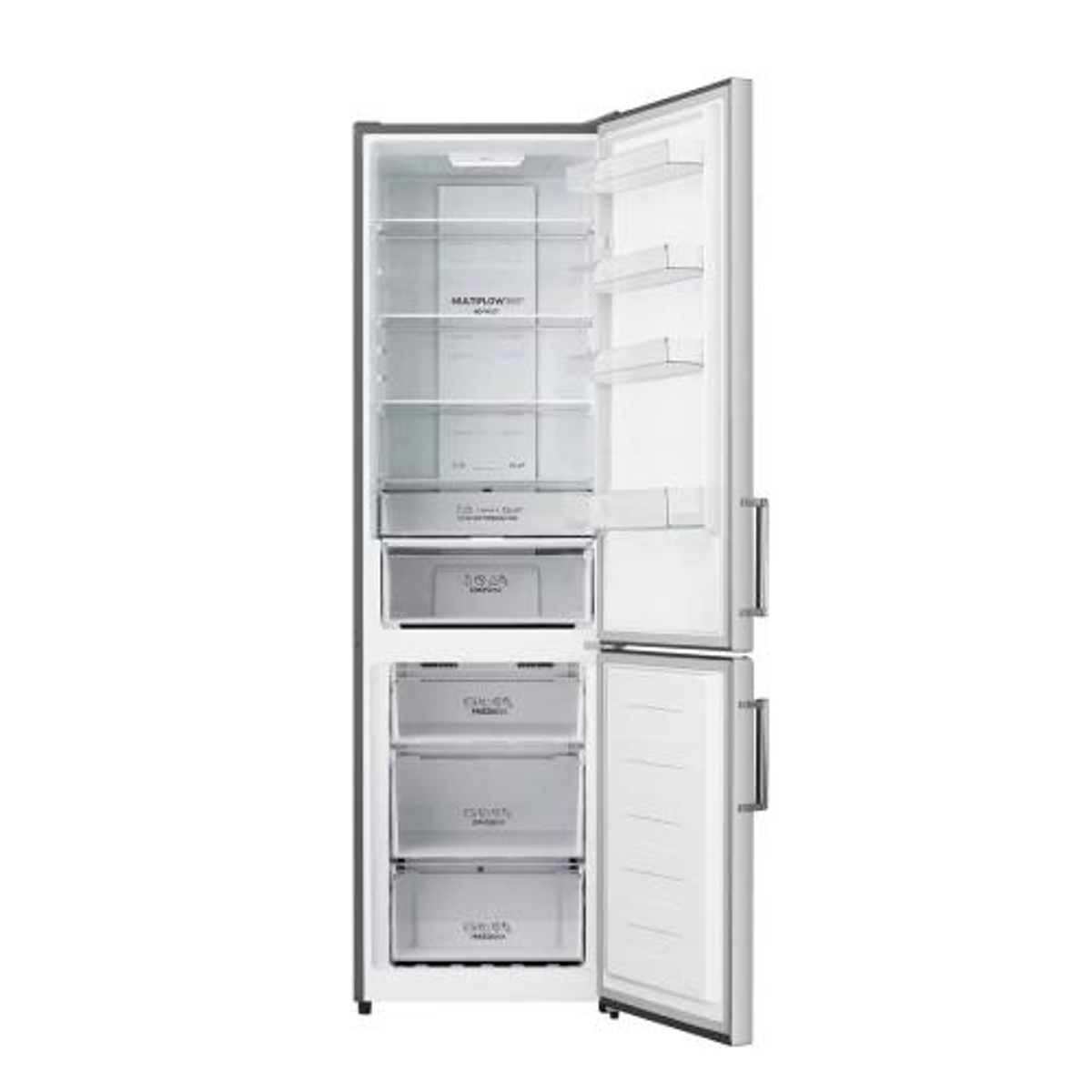 Refrigerador blanco abierto con el interior visible: estantes, cajones y varios componentes.