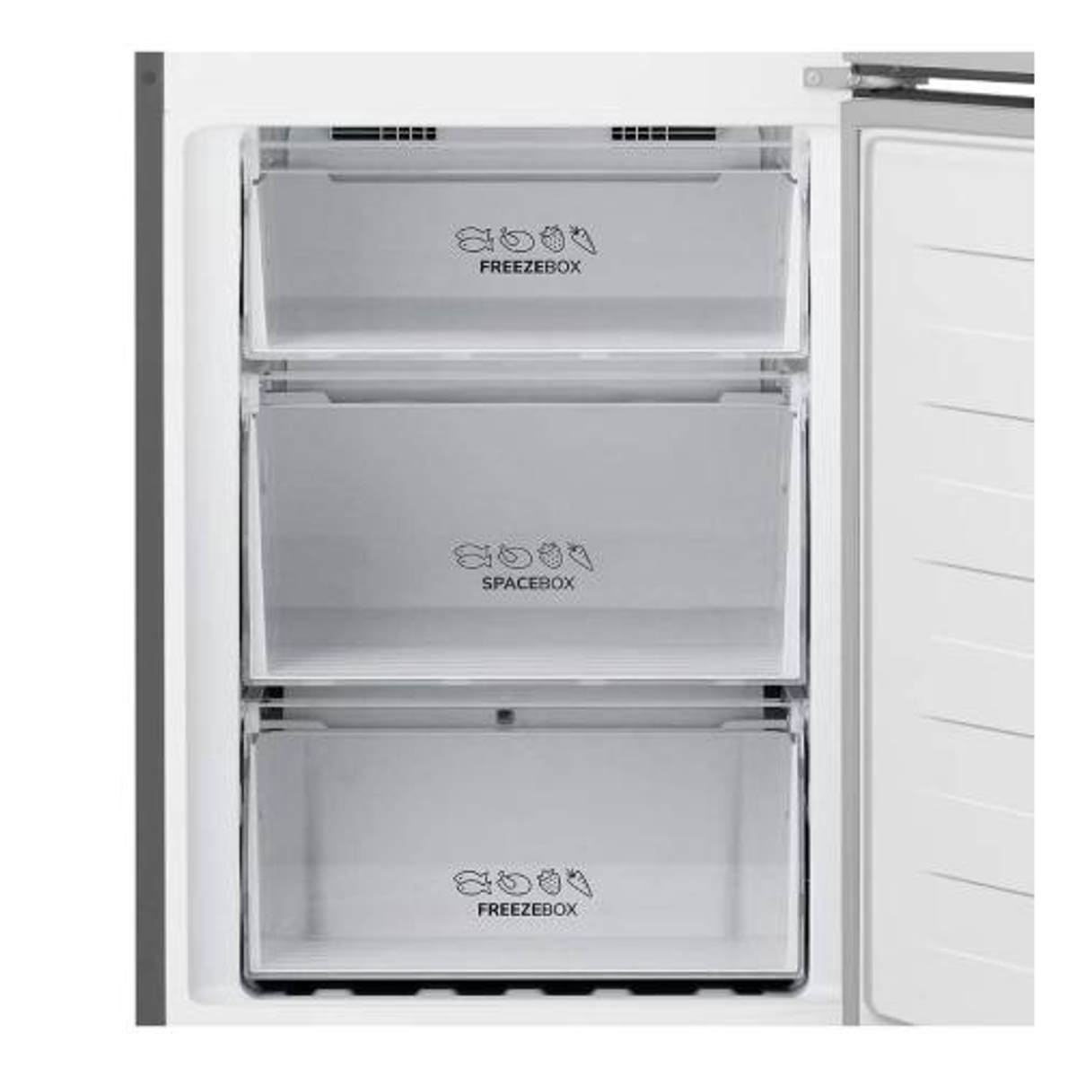 Primer plano de los cajones del congelador dentro de un refrigerador. Los cajones son grises y tienen etiquetas.