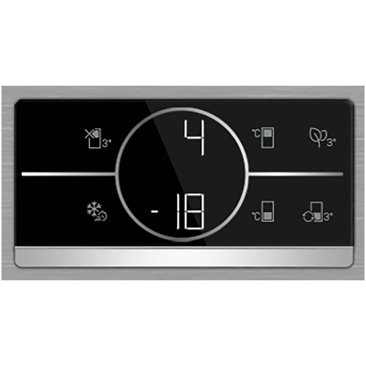 Close-up of fridge display, showing temperature settings and icons.