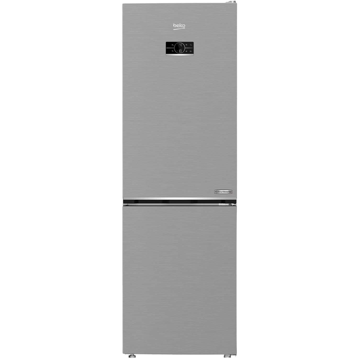 Silver refrigerator with a top freezer and digital display, black background.
