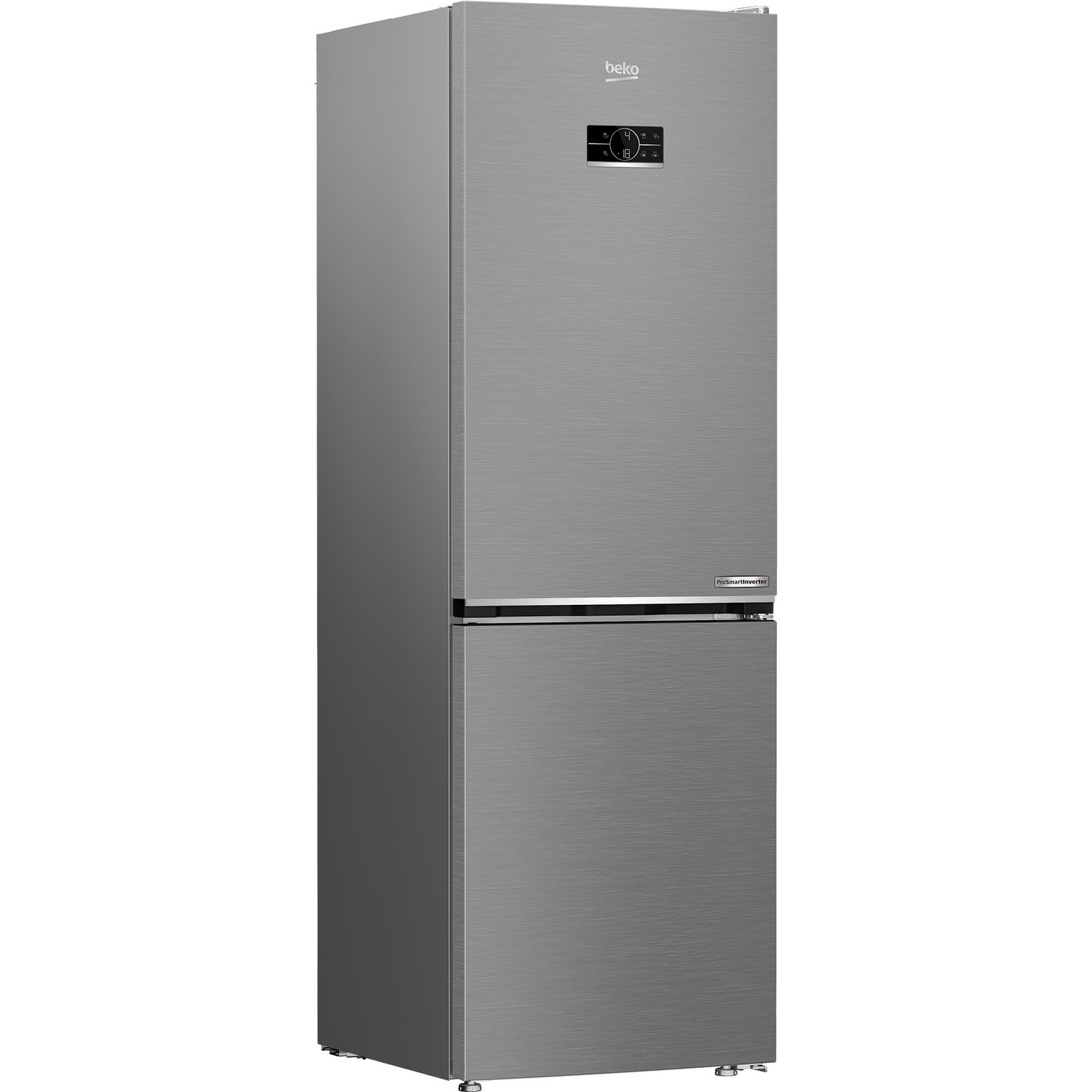 A gray Beko refrigerator with two doors. The refrigerator is in a studio shot.