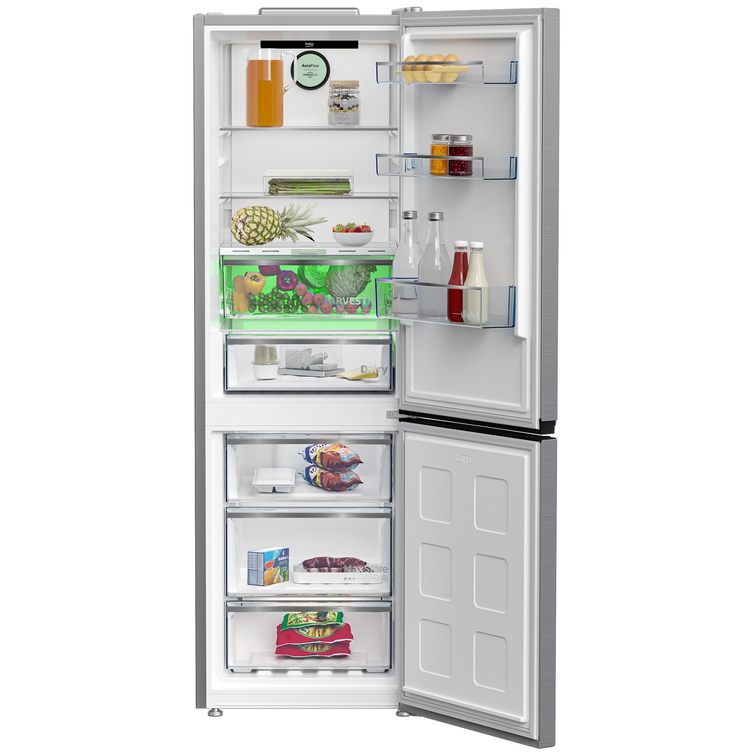 A refrigerator with both doors open, showcasing the interior with shelves and food items.
