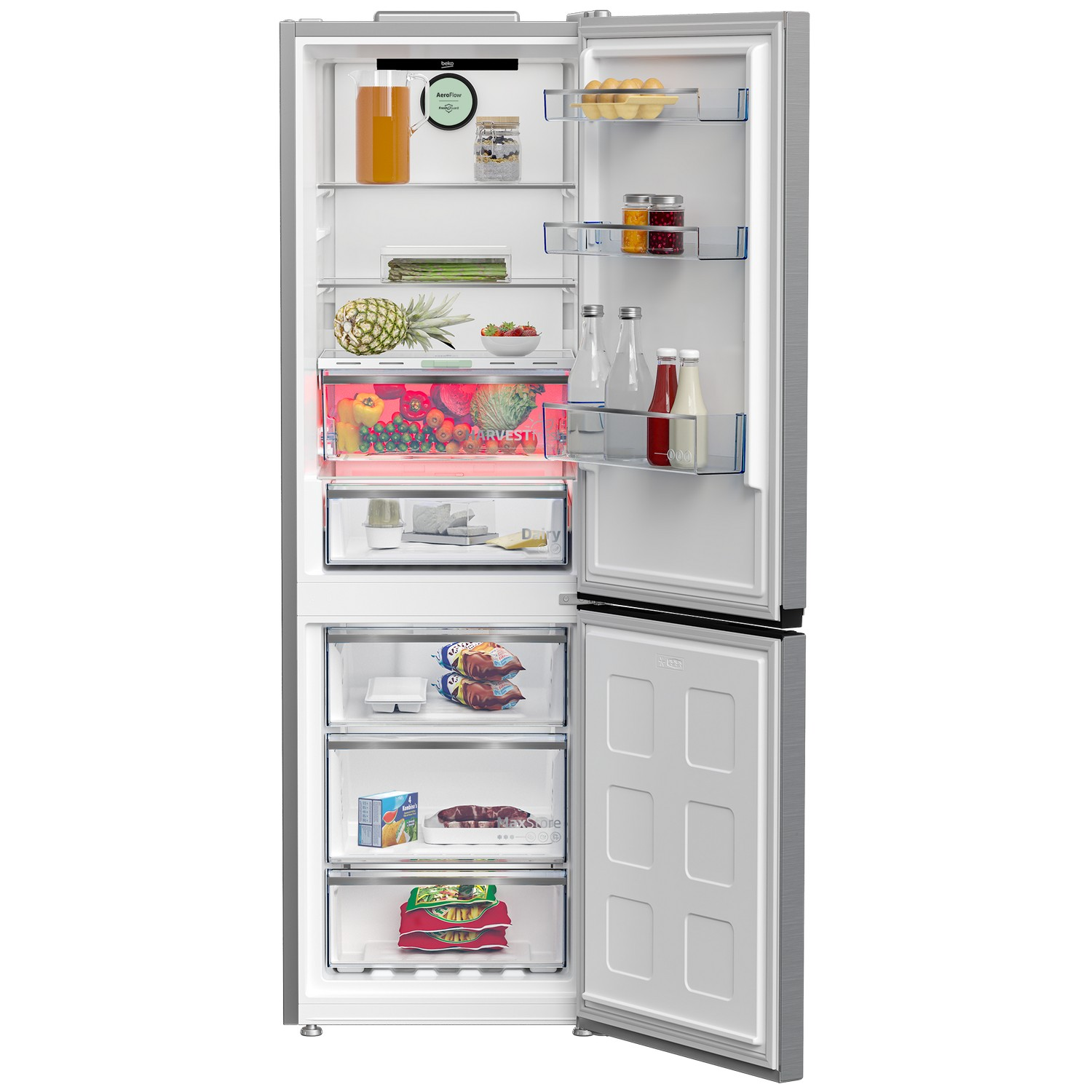 Refrigerator interior with shelves of food, including fruits, vegetables, and drinks. Open door.