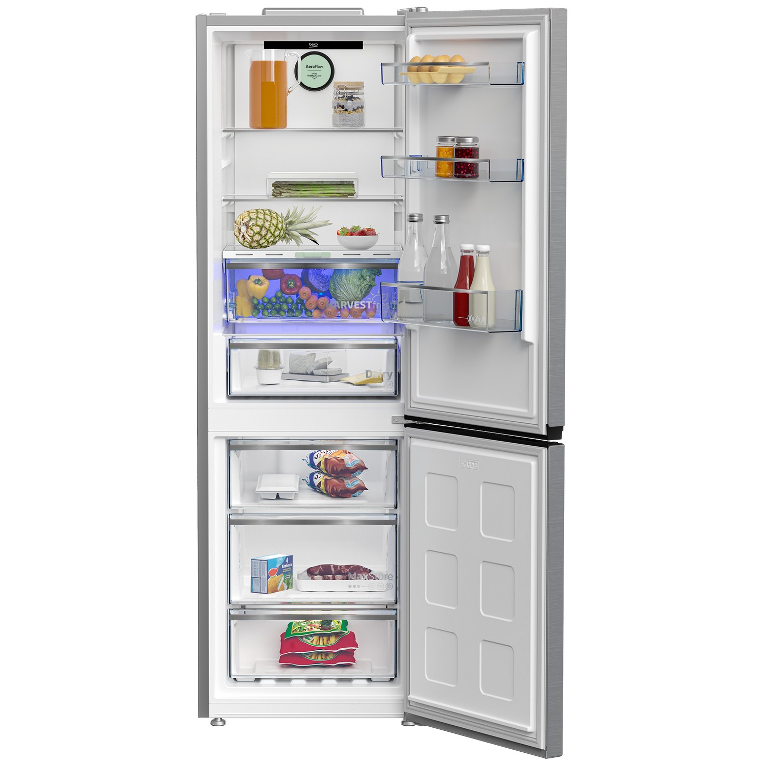Open refrigerator with food inside. Includes fruits, vegetables, drinks, and shelves. Silver exterior.