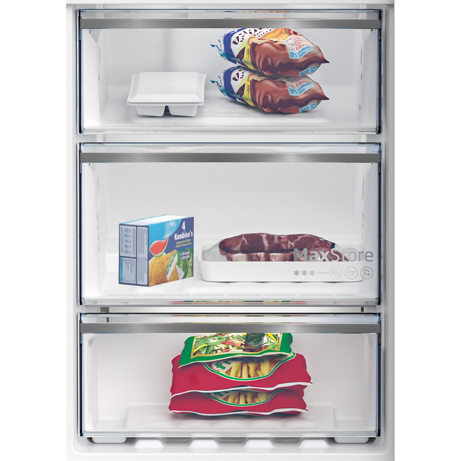 A refrigerator interior with three transparent drawers filled with food items.
