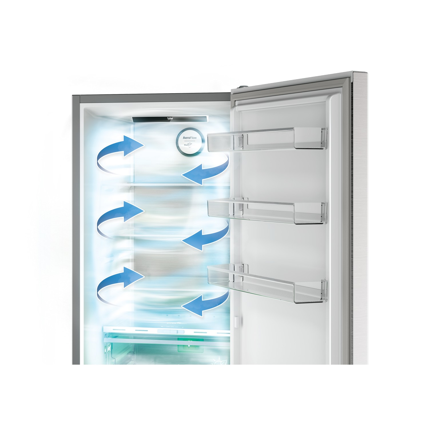 Refrigerator interior, open with shelves and air circulation arrows.