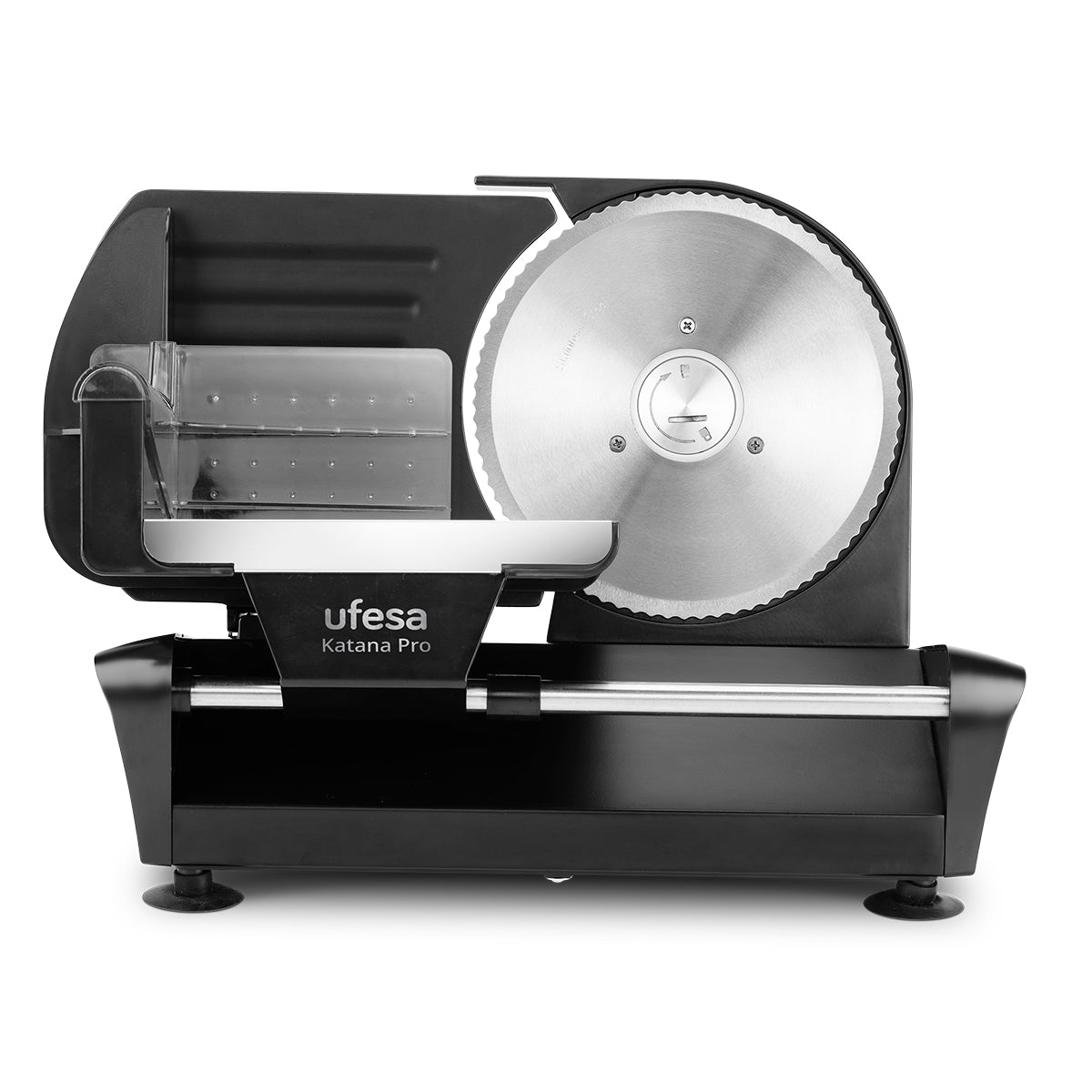 Czarna krajalnica Ufesa Katana Pro z okrągłym ostrzem, widok z przodu.