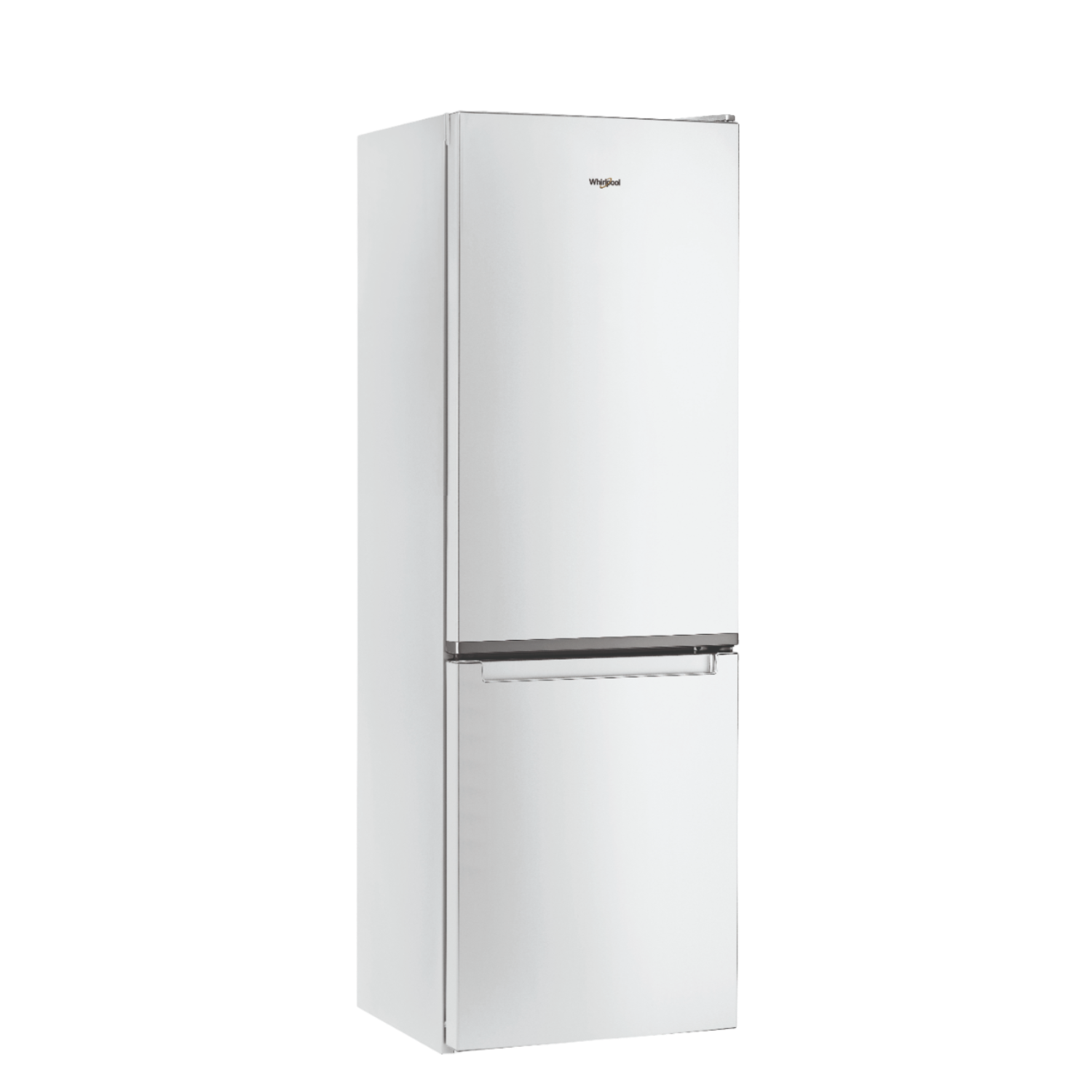 Een witte Whirlpool-koelkast met een vriezer aan de onderkant en een deur aan de bovenkant.