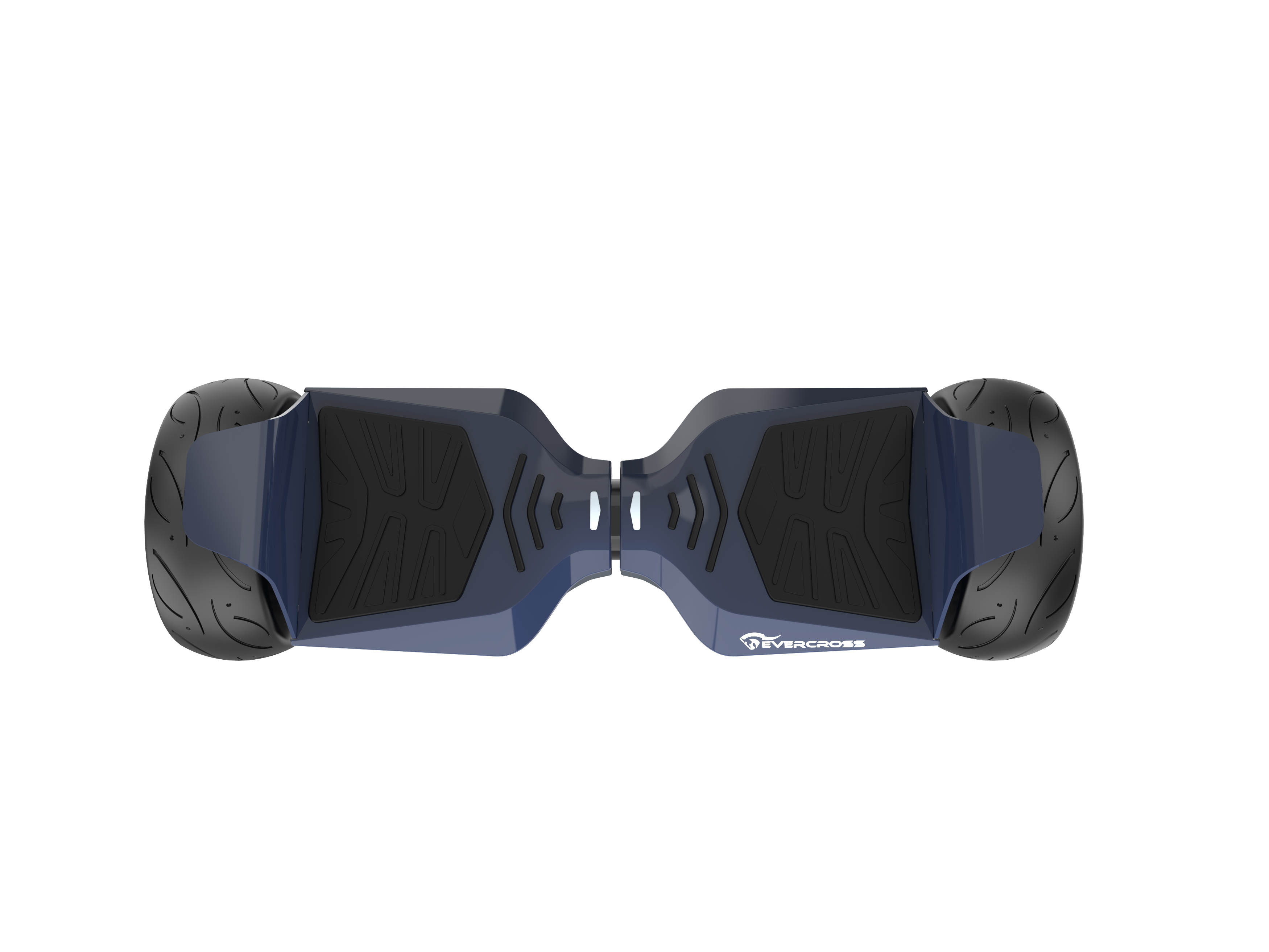 Hoverboard Evercross blu visto dall'alto, pneumatici neri e pedane nere.